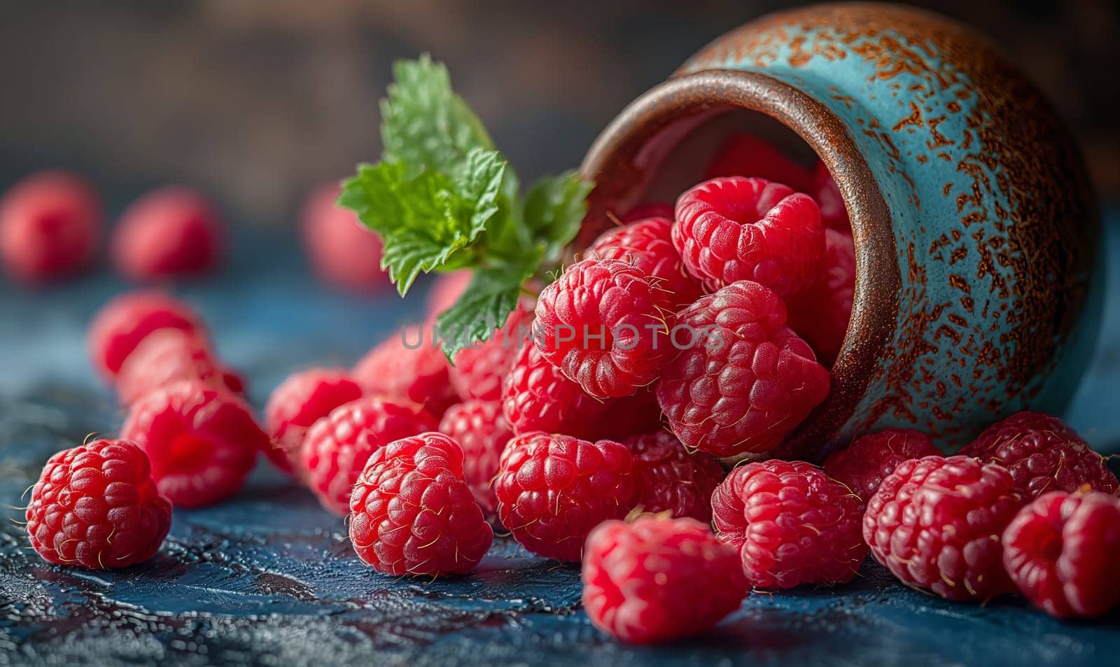 Ripe raspberries on the table and in a ceramic bowl. Selective soft focus.