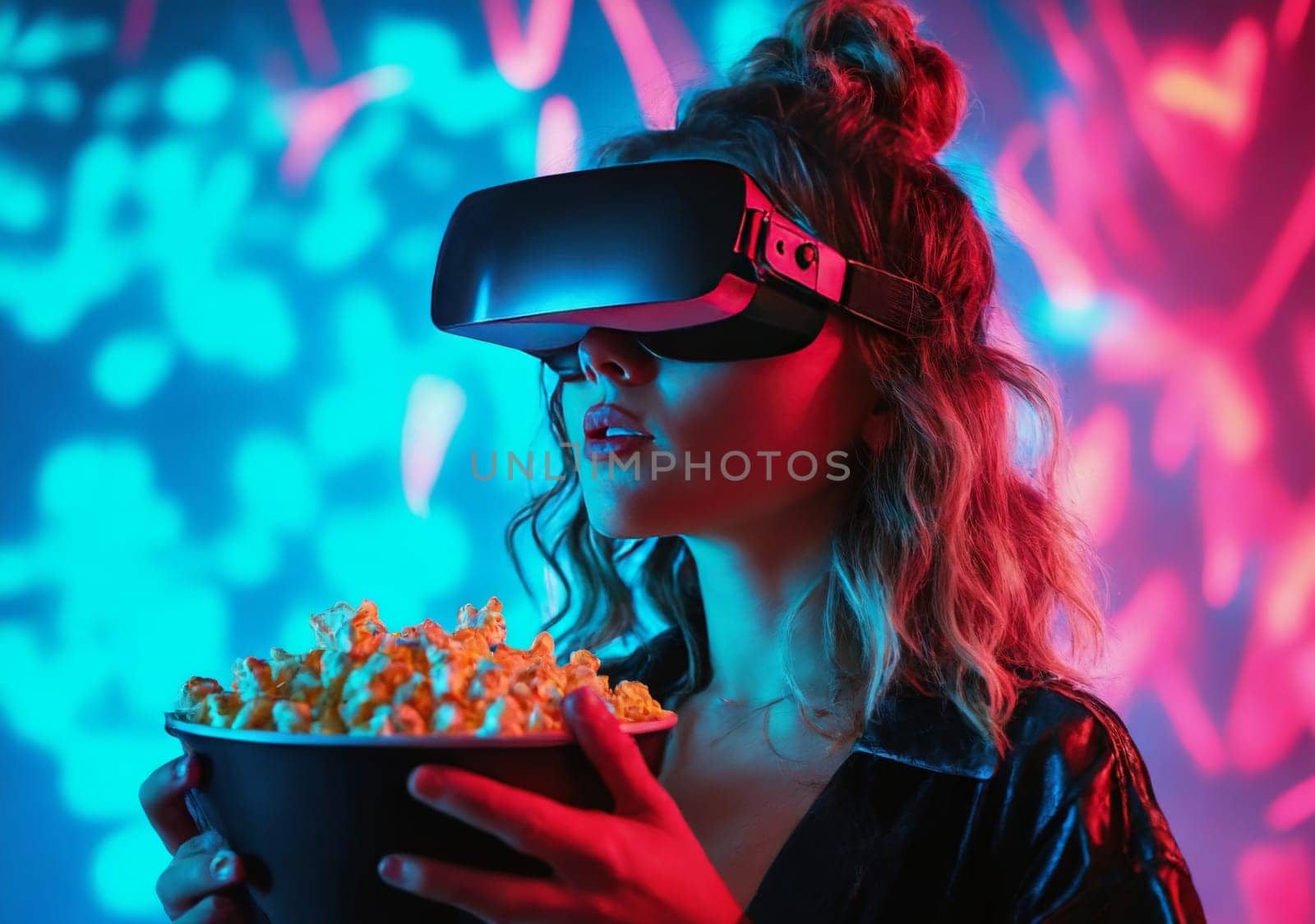 Millenial girl in vr-glass hold popcorn in neon lights. Young woman watching movie in vr-glass.