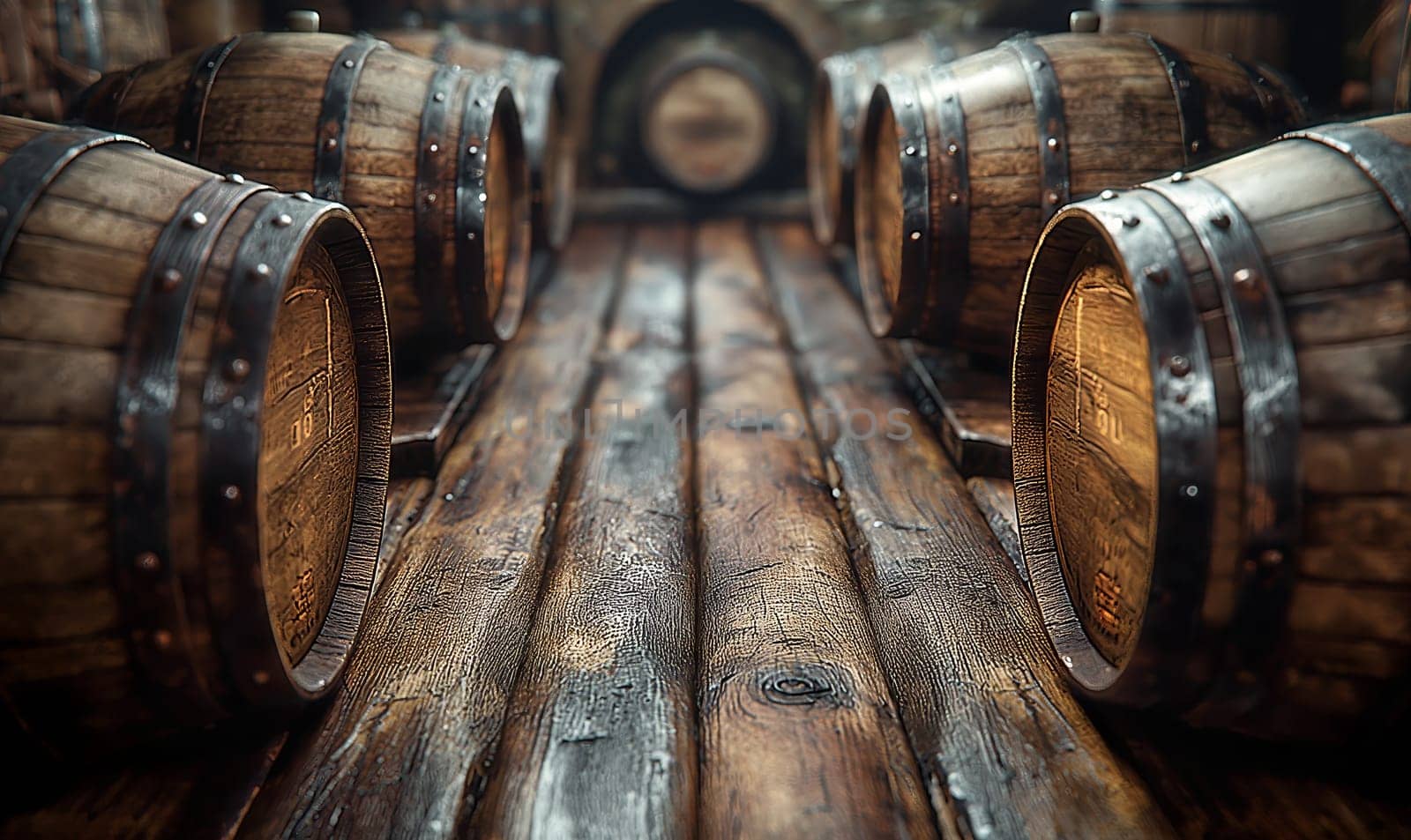 Background of stacked wooden storage barrels. Selective soft focus.