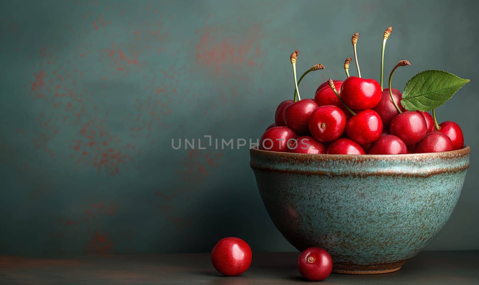 Ripe cherries in a cup on a vintage background. Selective soft focus.