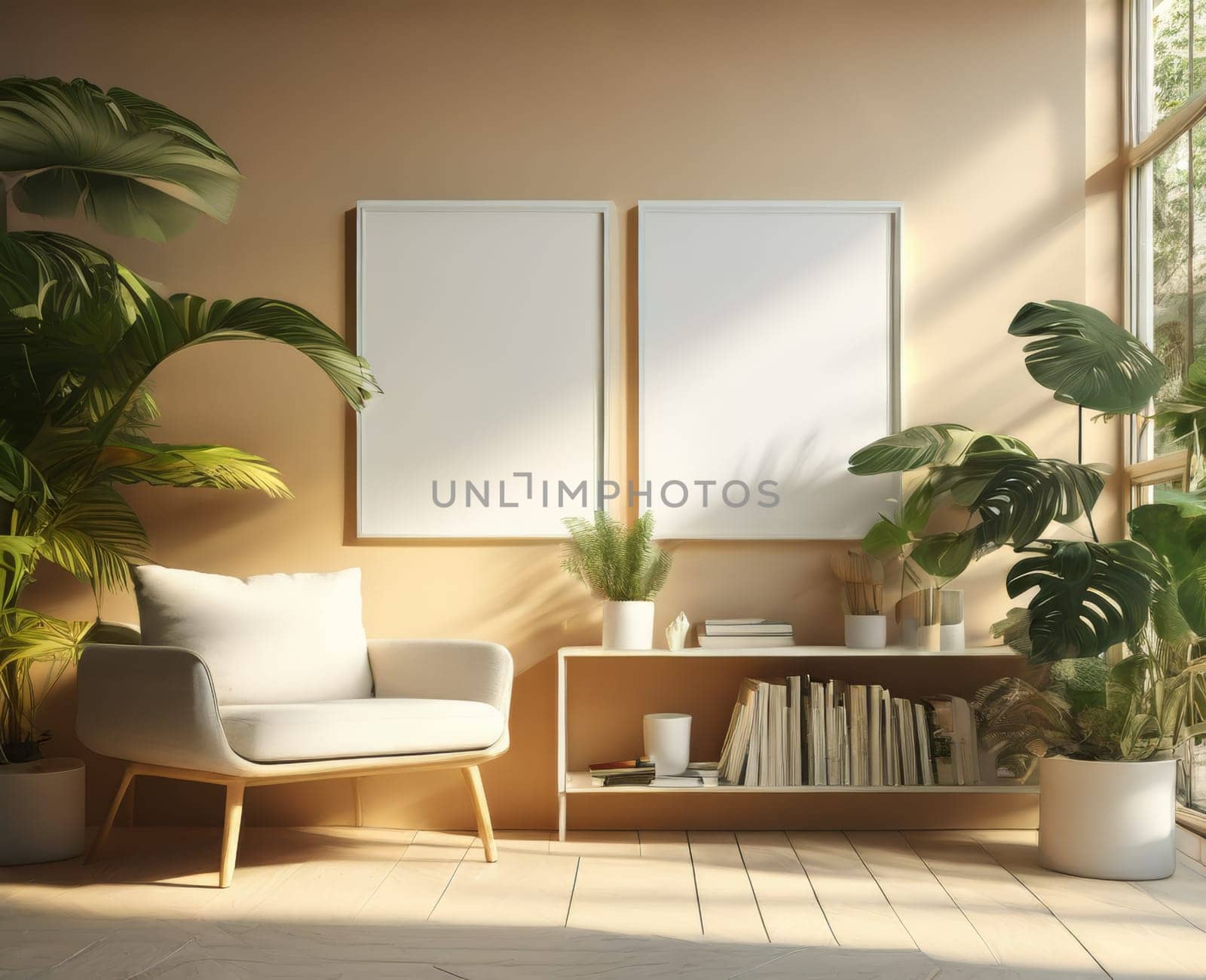 Mock up two picture frame in living room interior with urban jungle. Two white vertical empty picture frame on wall in scandinavian and boho style room interior with many natural potted plants