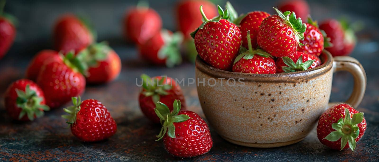 Ripe strawberries in a cup on a blurred background. by Fischeron