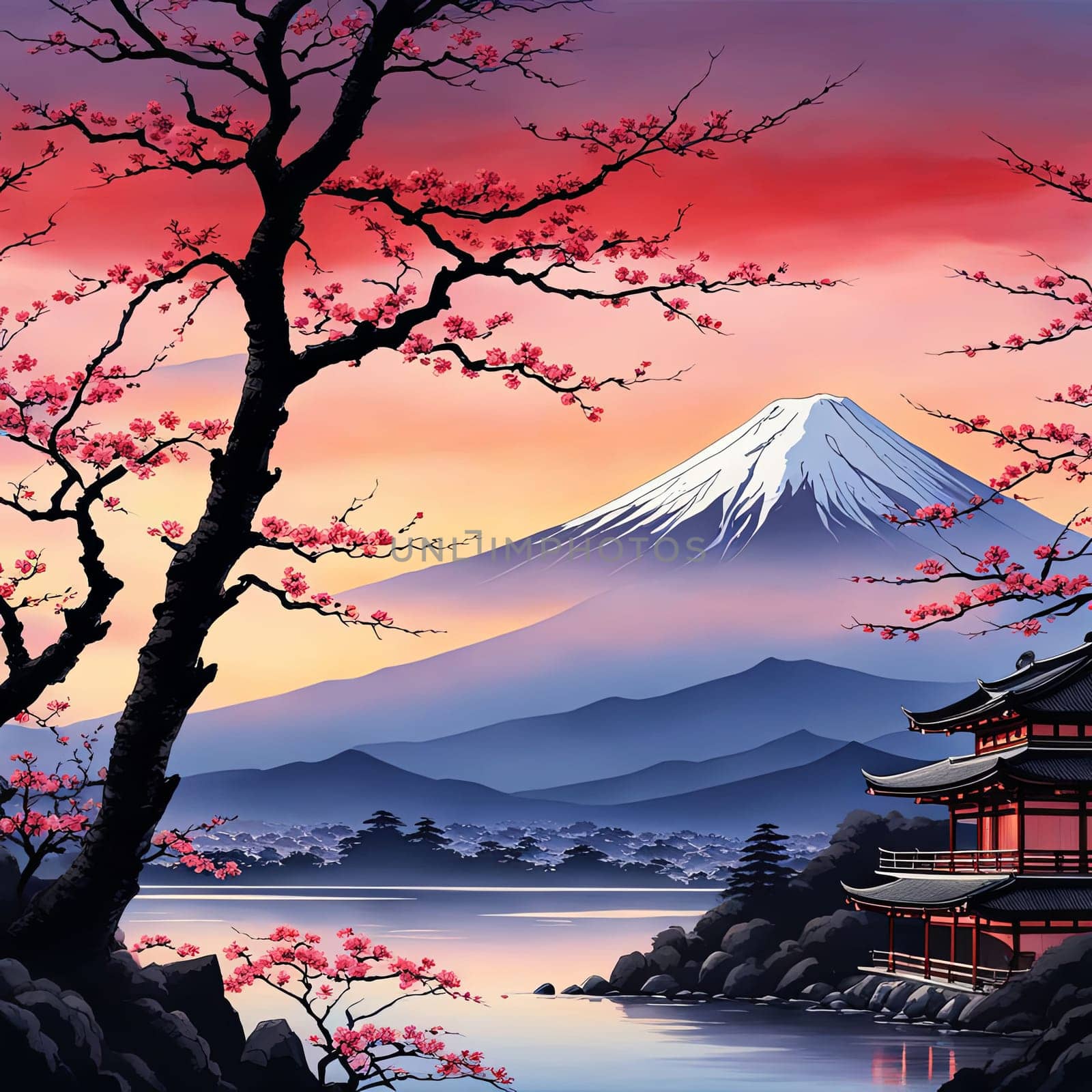 Japanese sunset over tranquil landscape, featuring traditional pagoda silhouetted against radiant sky. Blend of vibrant colors captures essence of peace. For art, creative projects, fashion, magazines