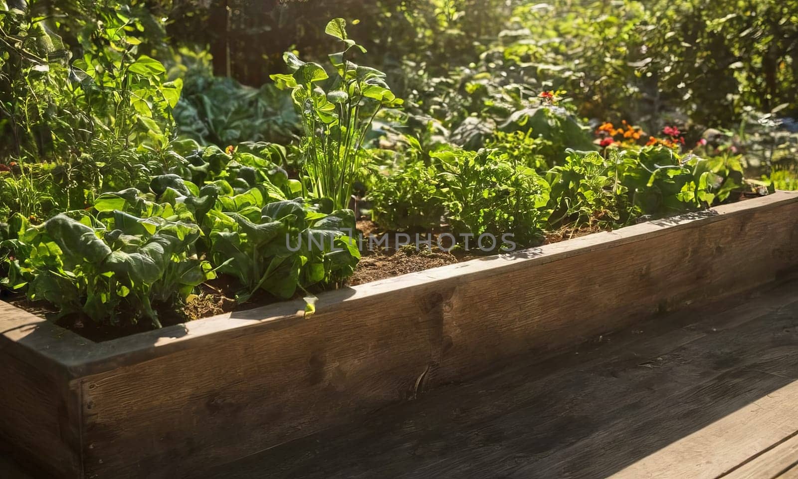 Growing vegetables on raised wooden bed in backyard garden, vegetable growing concept. Small urban backyard garden contains raised planting beds for growing salad greens and herbs throughout summer