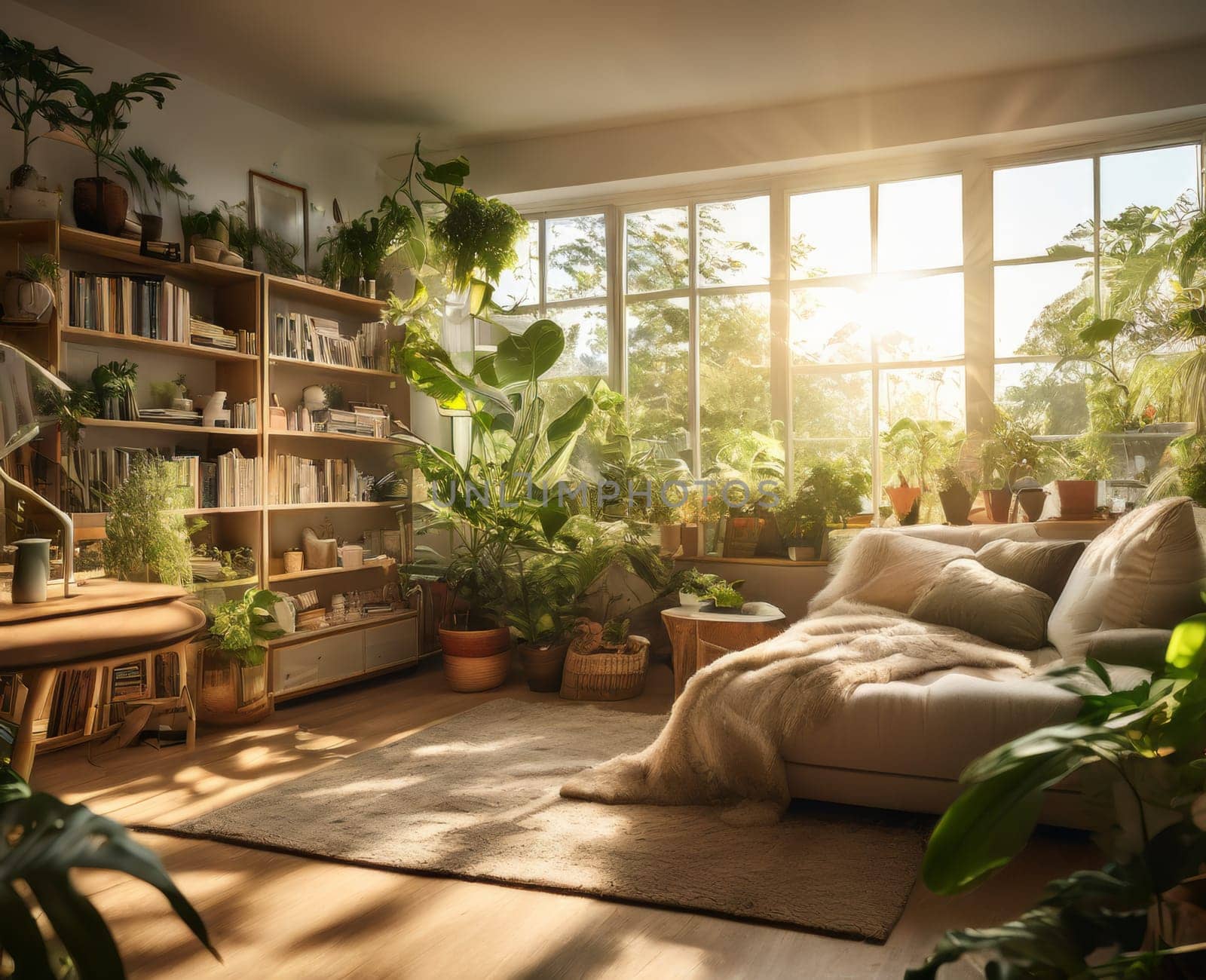 Urban jungle in living room interior. Scandinavian and boho style room interior with many natural potted plants.