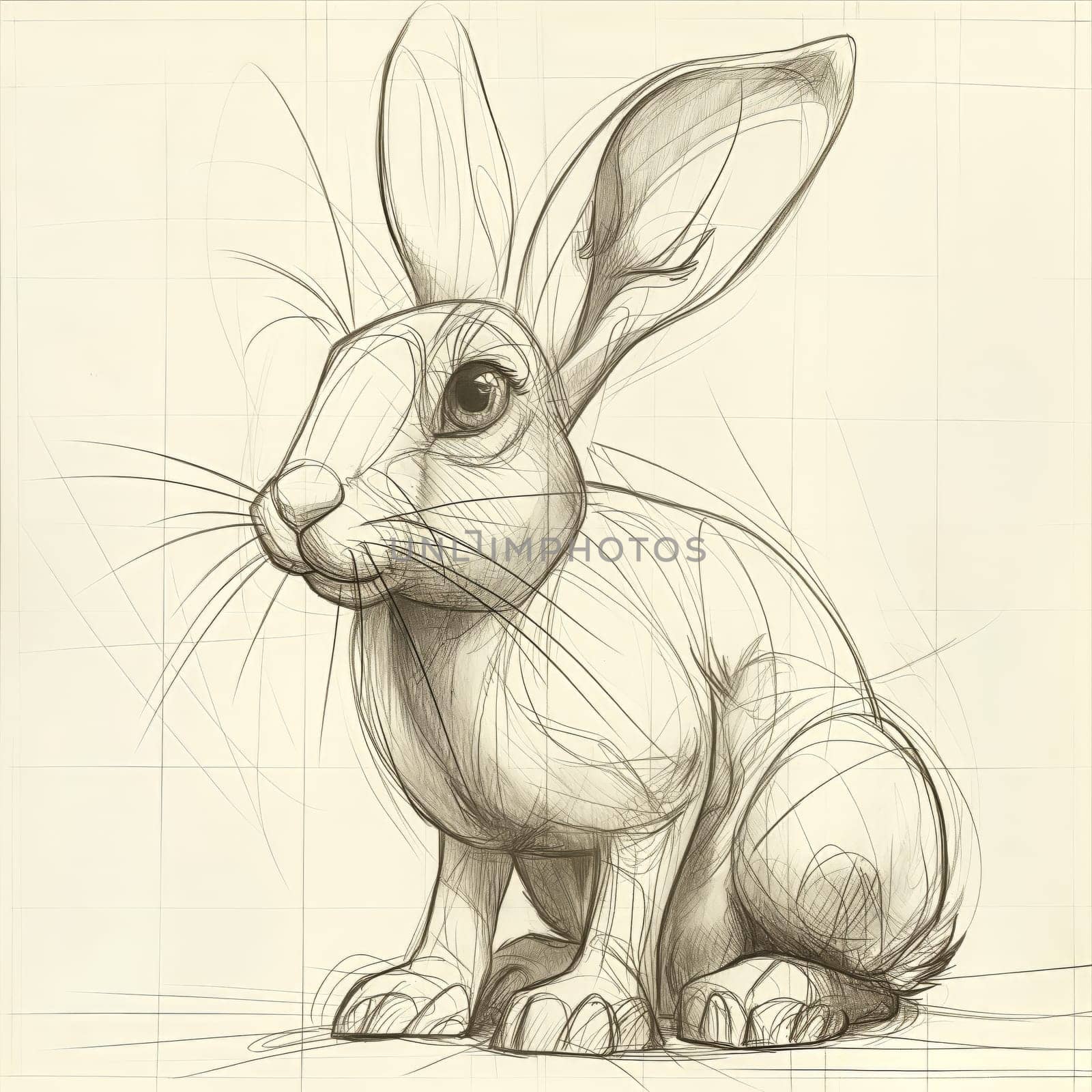 Sketch of a rabbit on a white background. Selective soft focus.