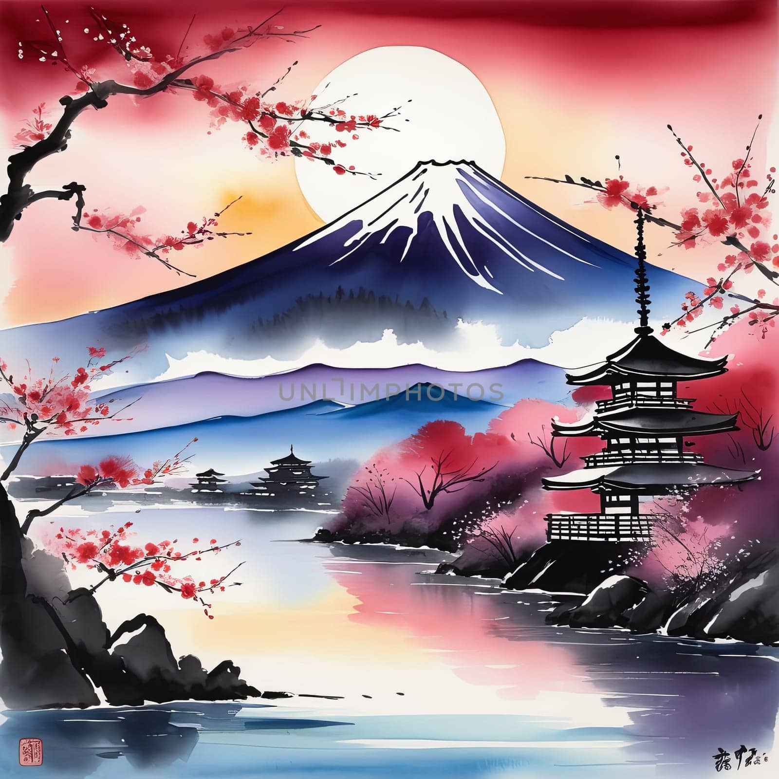 Japanese pagoda set against iconic Mount Fuji, capturing essence of traditional Japanese landscape, architecture. For art, creative projects, fashion, style, advertising campaigns, web design, print