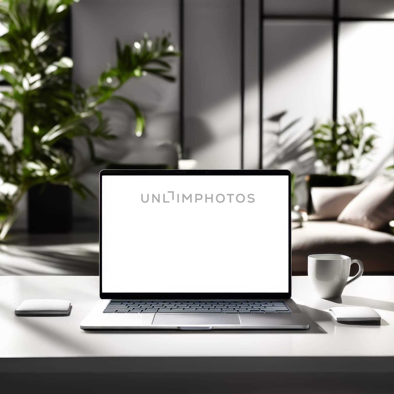 Open modern laptop with blank white screen on table in cozy room interior, mockup. Empty laptop screen on table in modern room interior, mockup