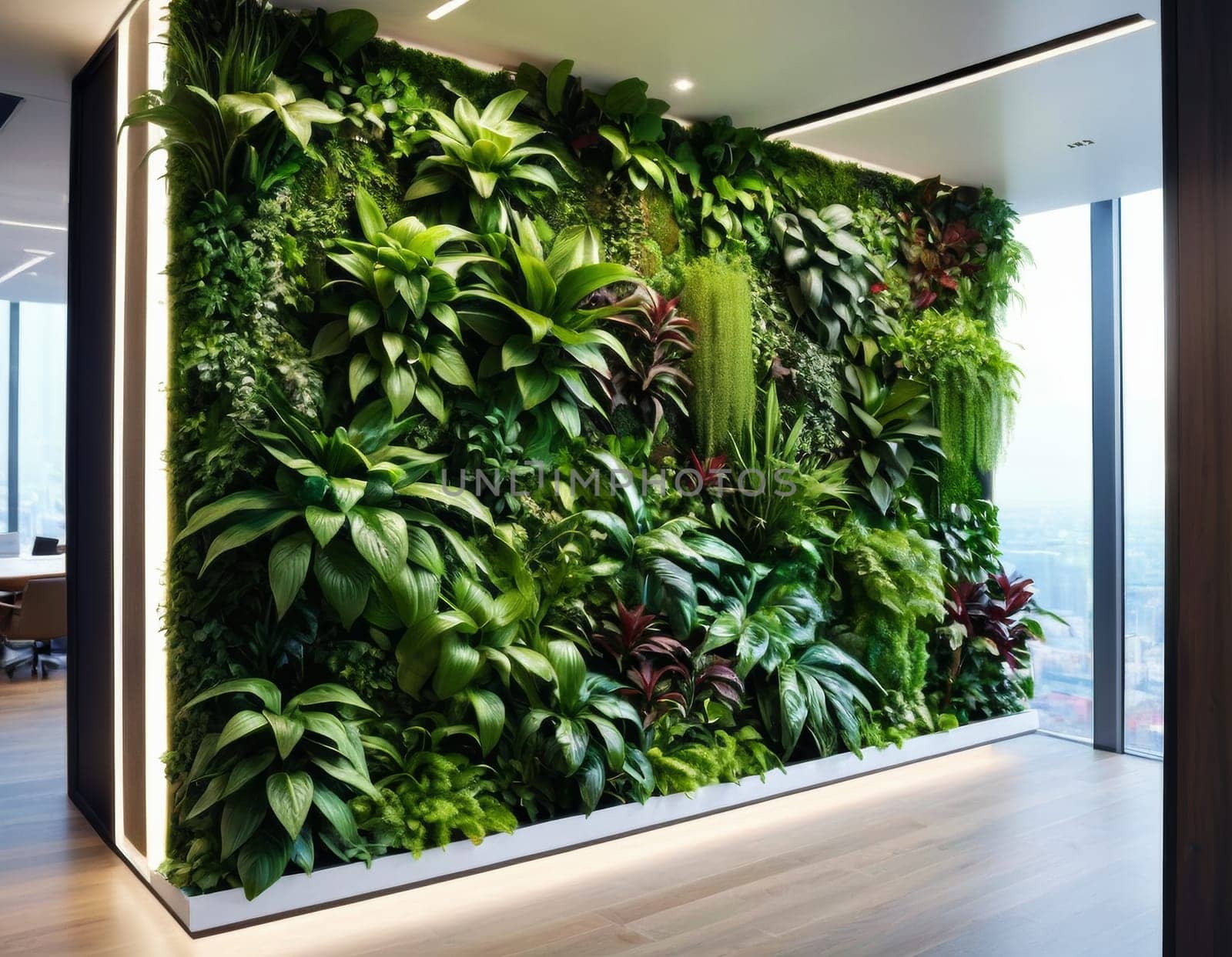 Beautiful vertical garden indoors. Living green wall in modern office interior. Urban jungles. Interior design with green wall