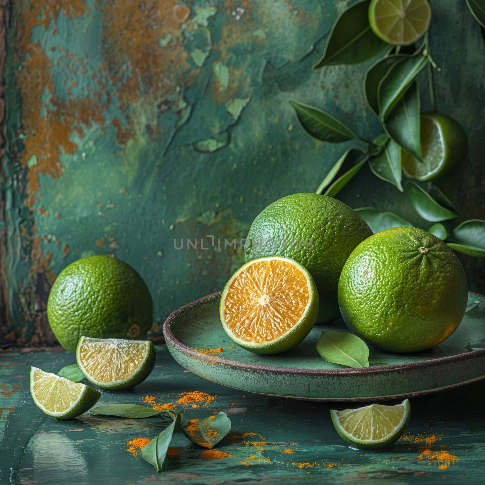 Fresh lime with leaves on the table. by Fischeron