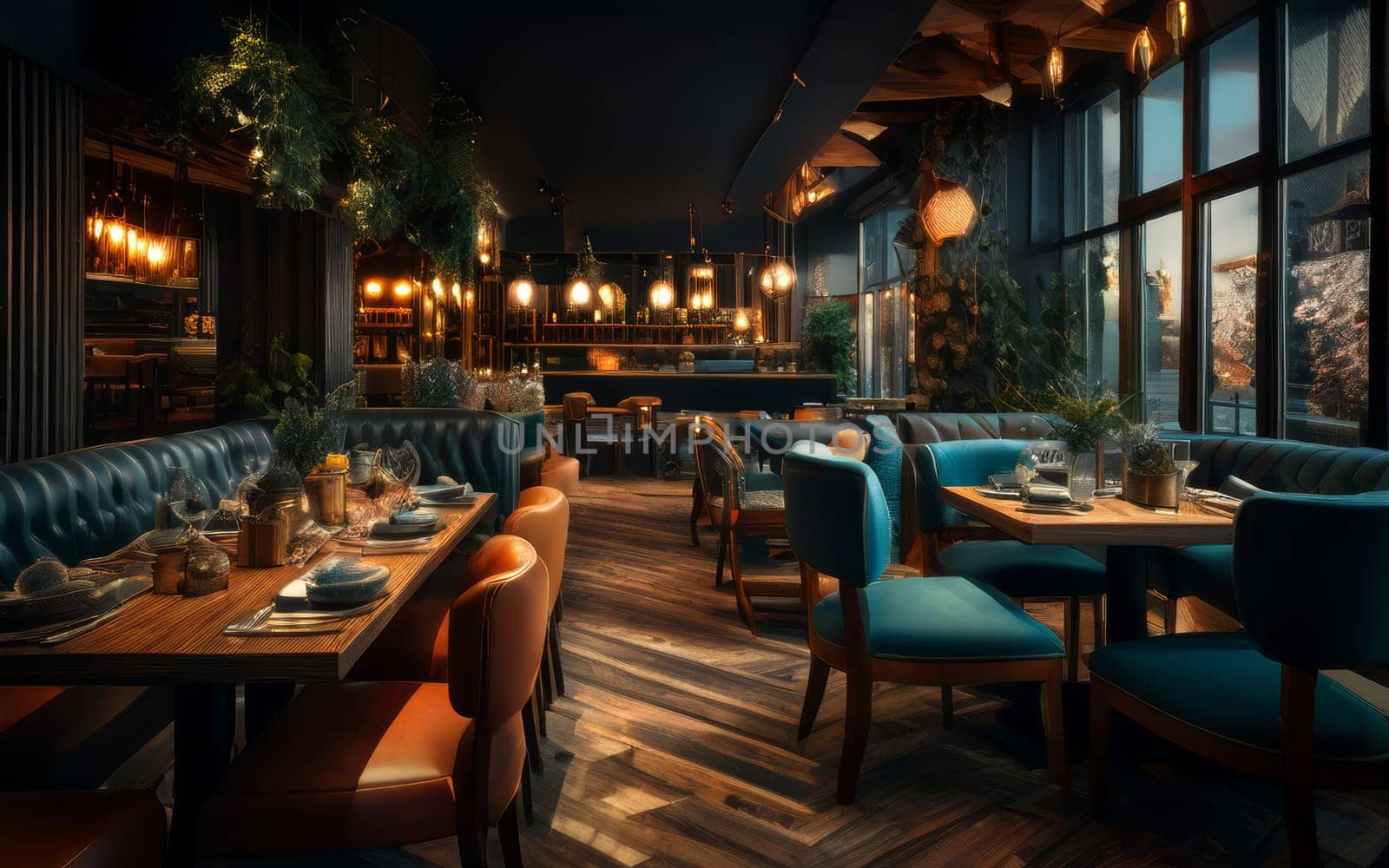 Restaurant design of fashionable cozy interior. Dark cozy aesthetic interior of restaurant in blue colors with wooden textures