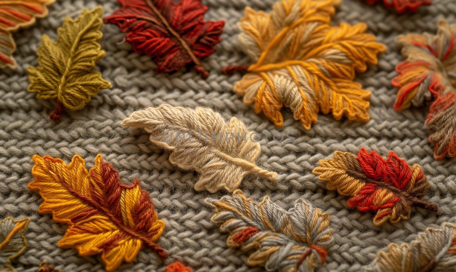 Abstract knitted background, autumn knitted leaves close-up. Selective soft focus.