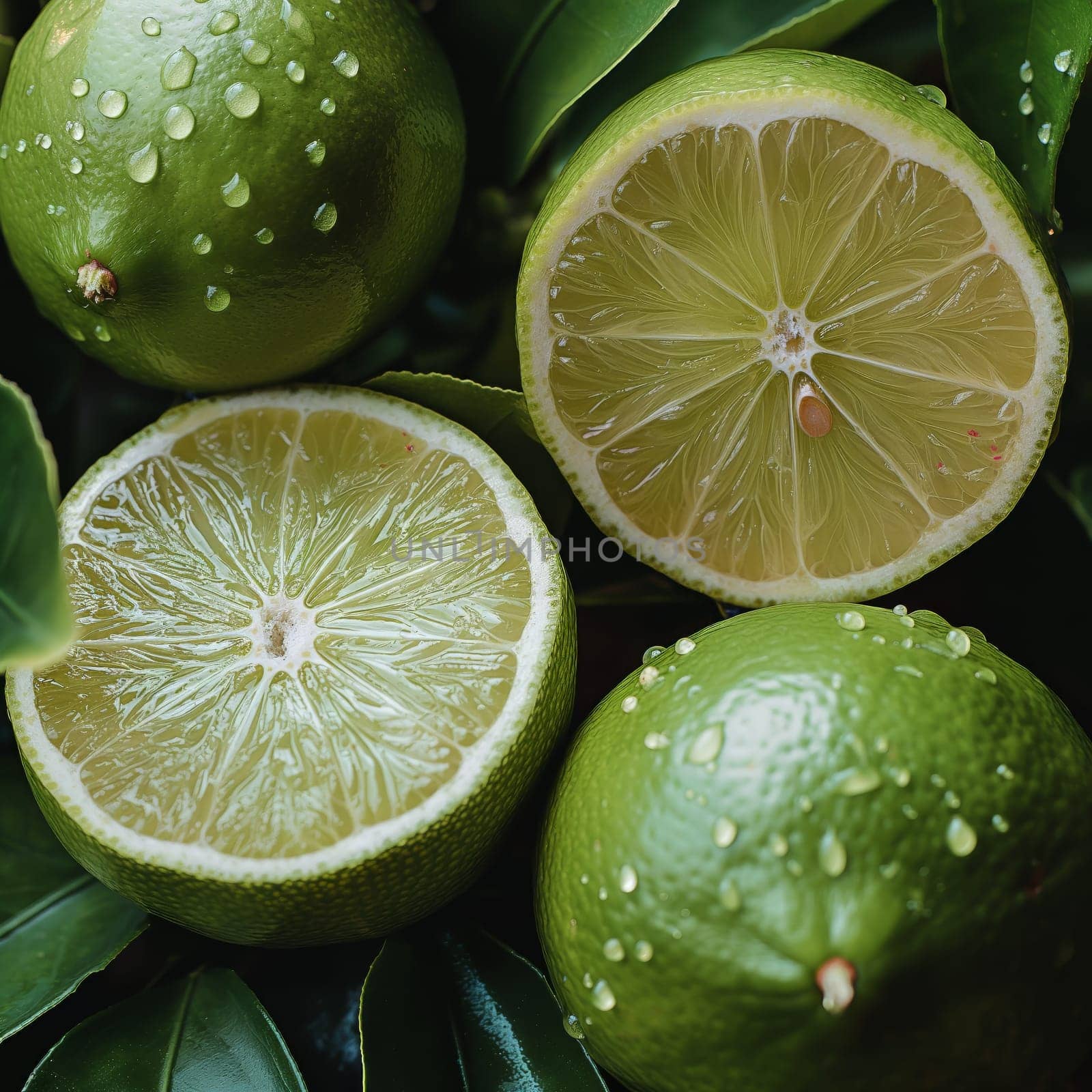 Fruit background with fresh lime fruits with leaves. Selective soft focus.