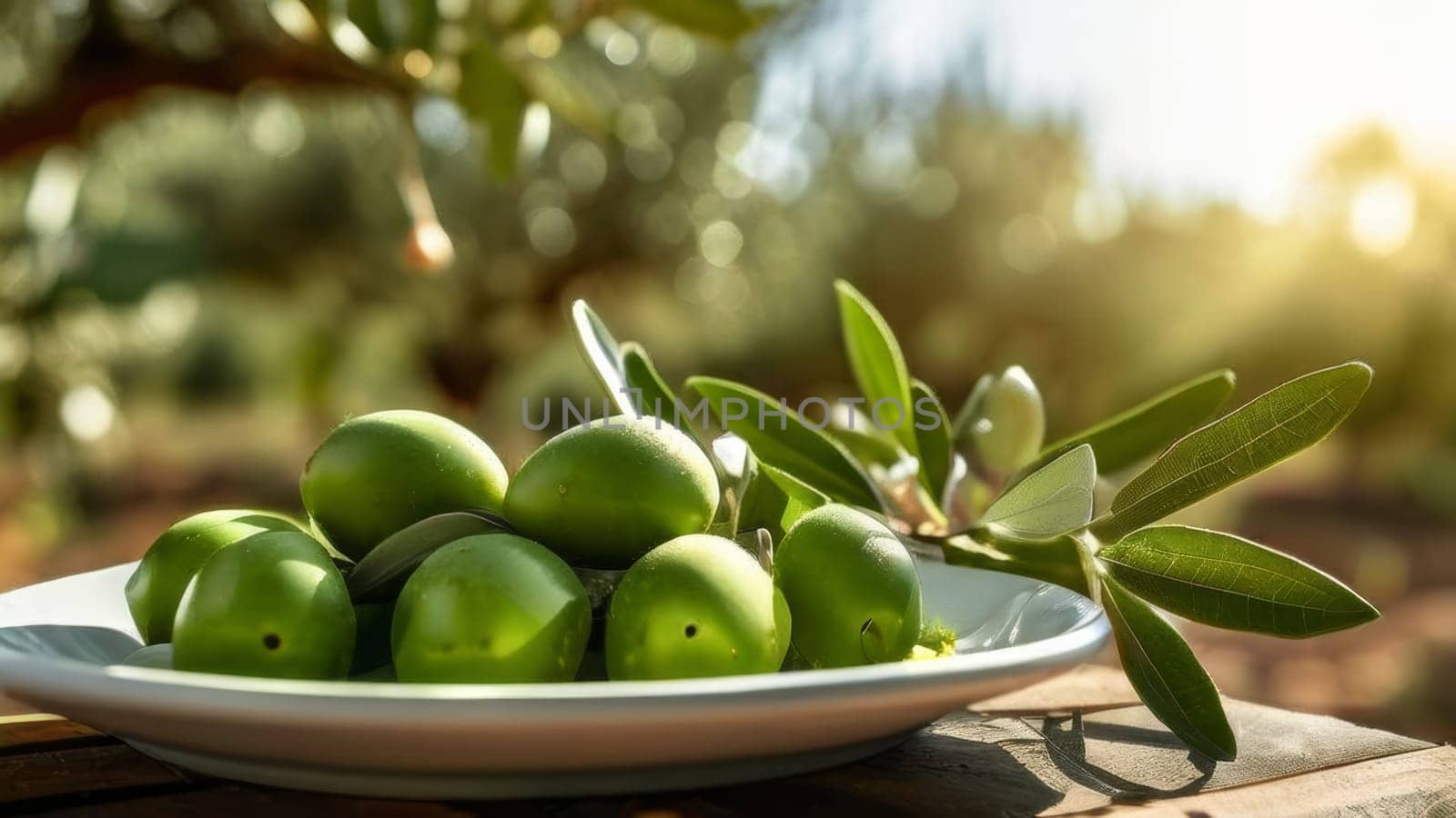 Whole fresh green olives on plate in beautiful sunlight outdoors. Green olives with leaves on wooden table. Natural food ingredient commonly used in dishes and salads