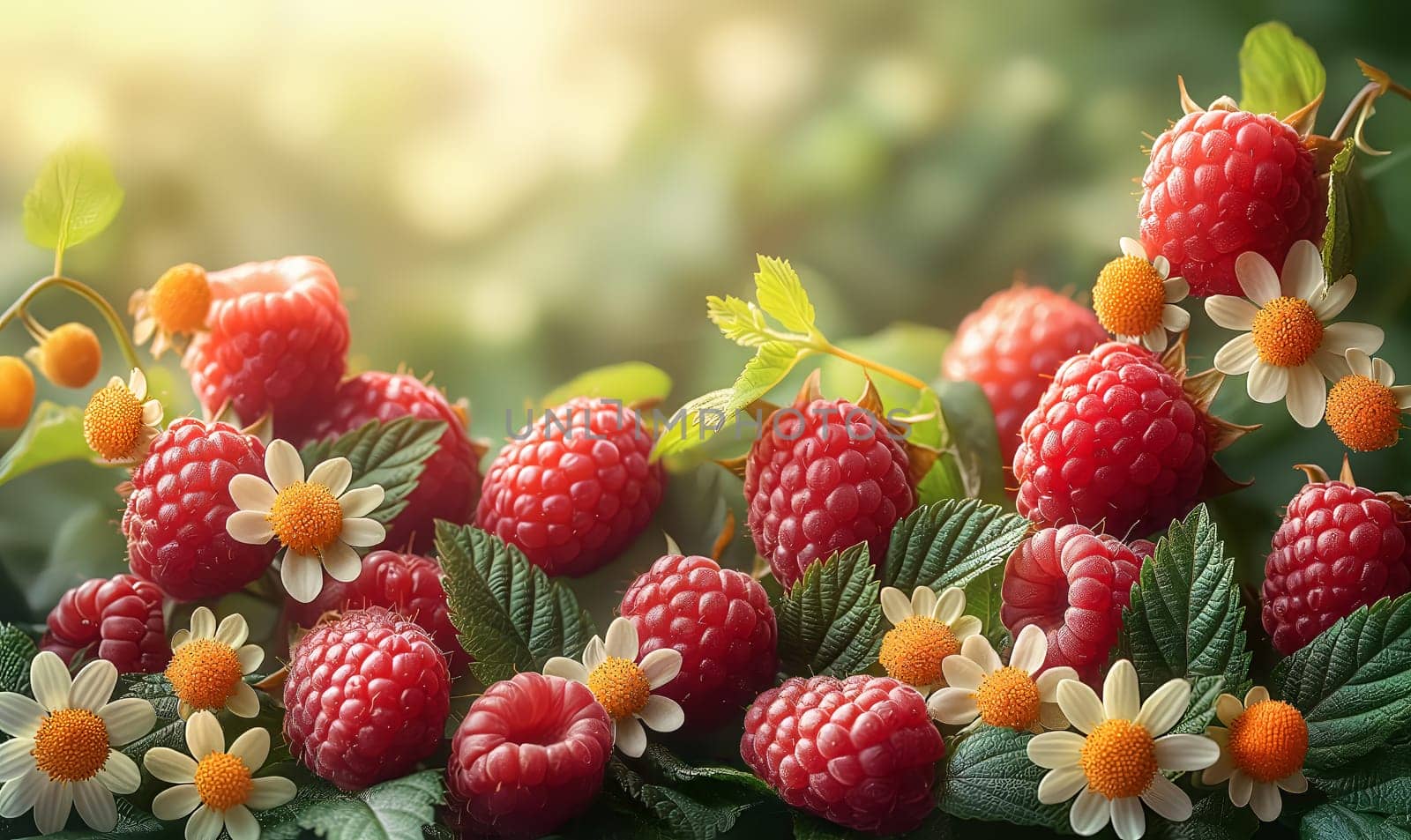 Fruit background with ripe raspberries on a blurred background. Selective soft focus.