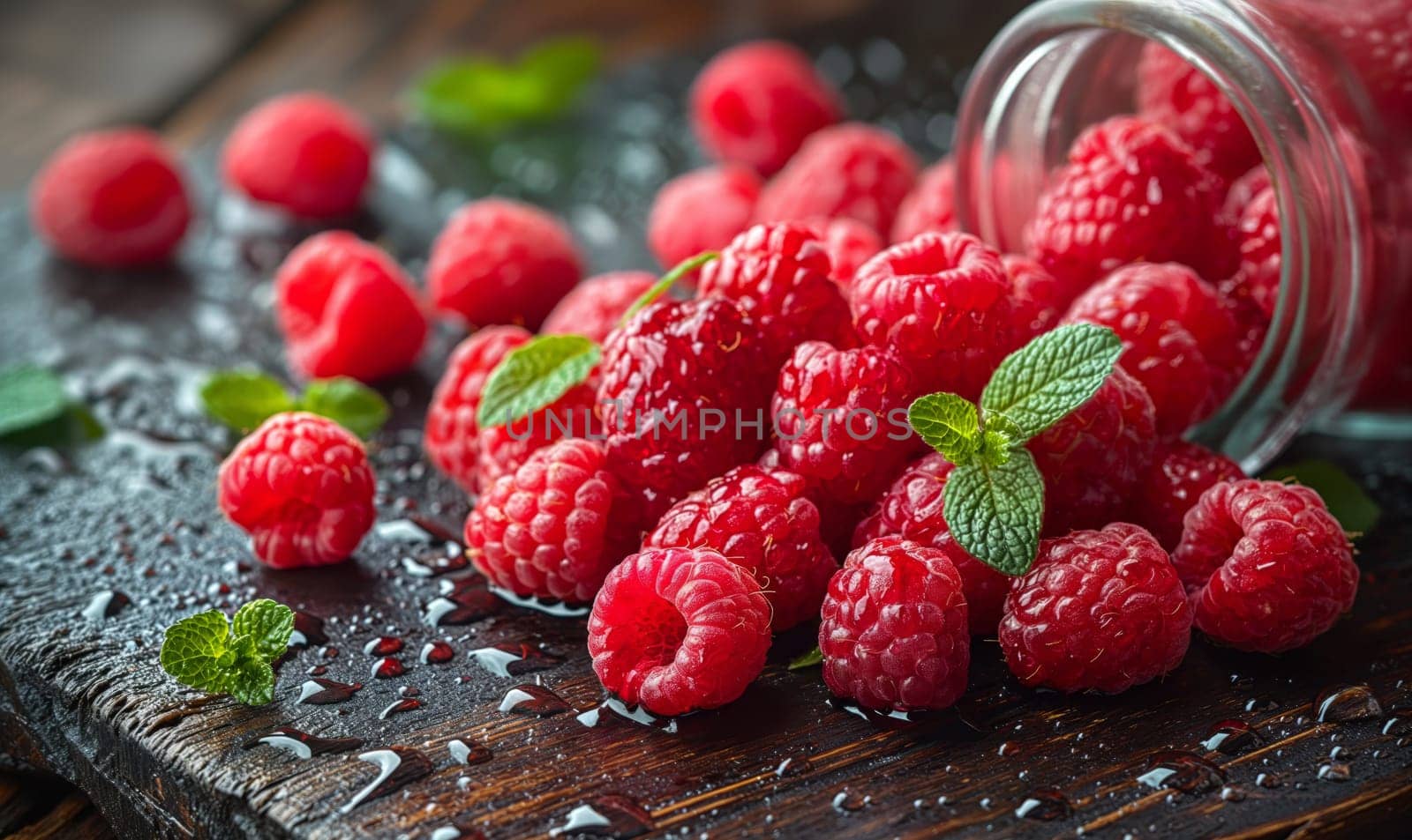 Scattered ripe raspberries on the table. Selective soft focus.