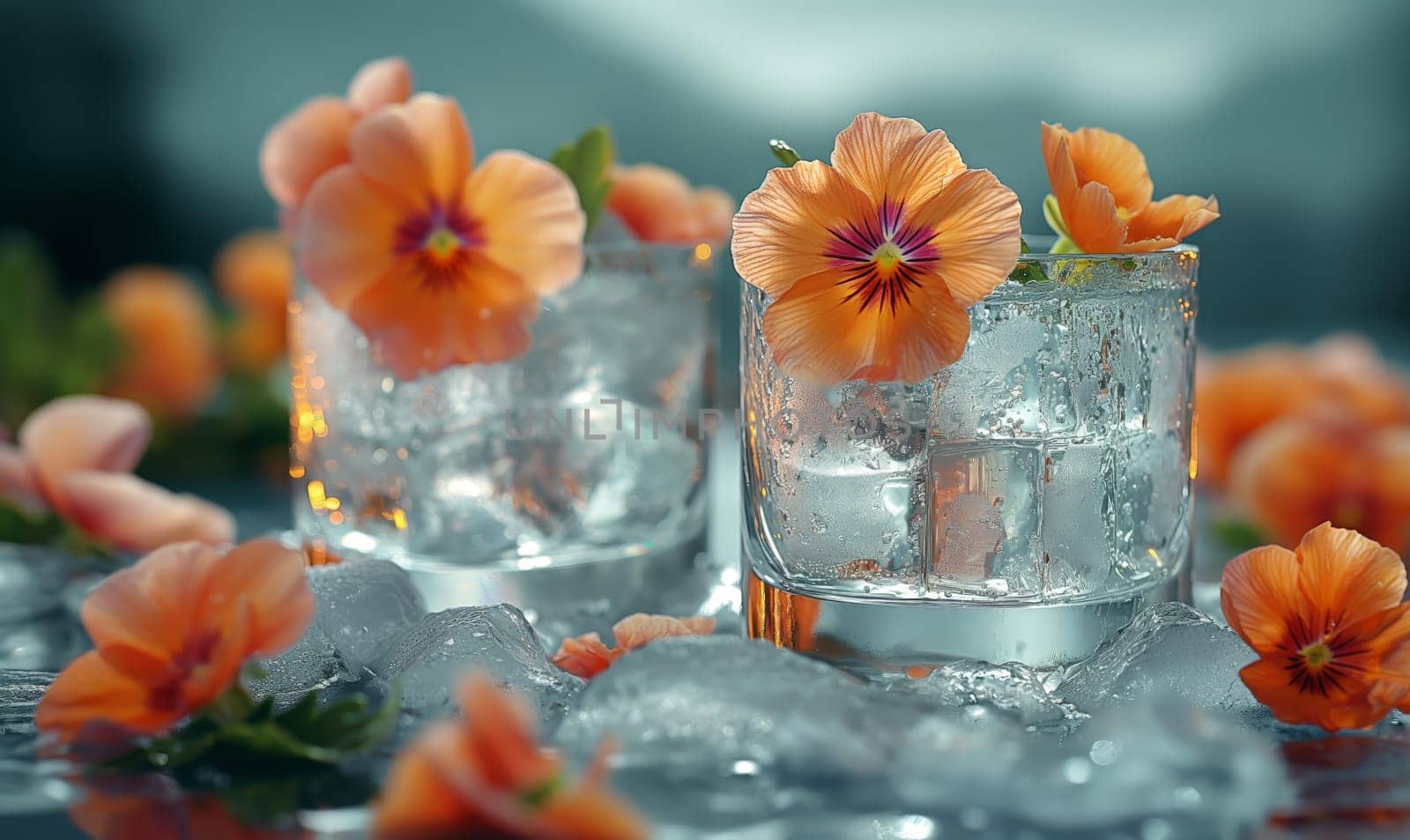 Ice cubes with flowers on an abstract background. Selective soft focus.