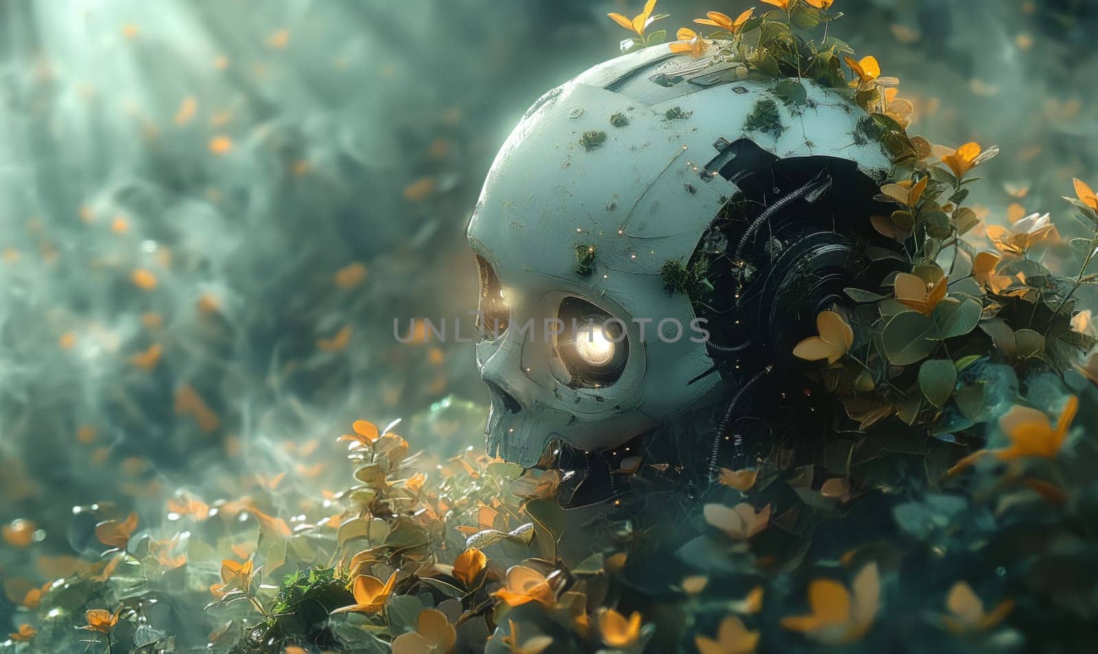 Futuristic robots on an abstract background. Selective soft focus.