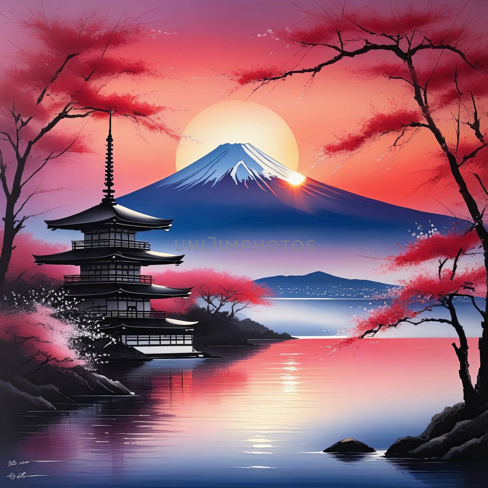 Japanese pagoda set against iconic Mount Fuji, capturing essence of traditional Japanese landscape, architecture. For art, creative projects, fashion, style, advertising campaigns, web design, print. by Angelsmoon