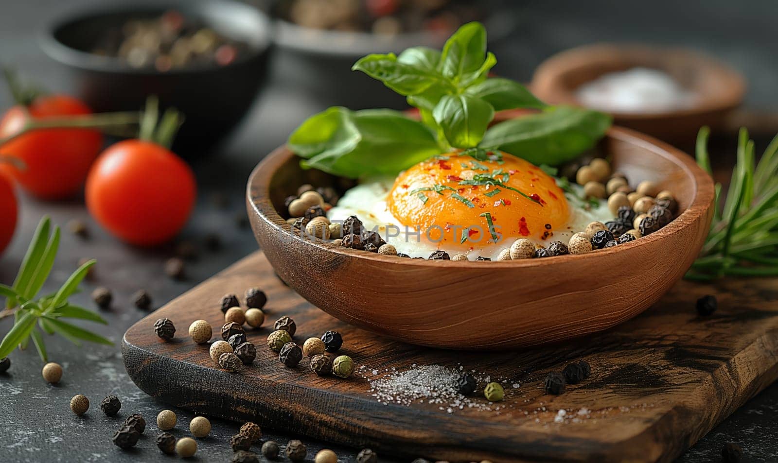Cooked egg in a cup on the table. Selective soft focus.