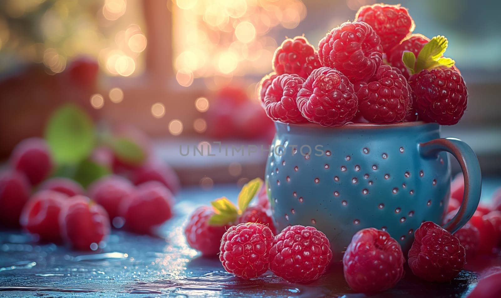 Ripe raspberries on the table and in a ceramic bowl. Selective soft focus.