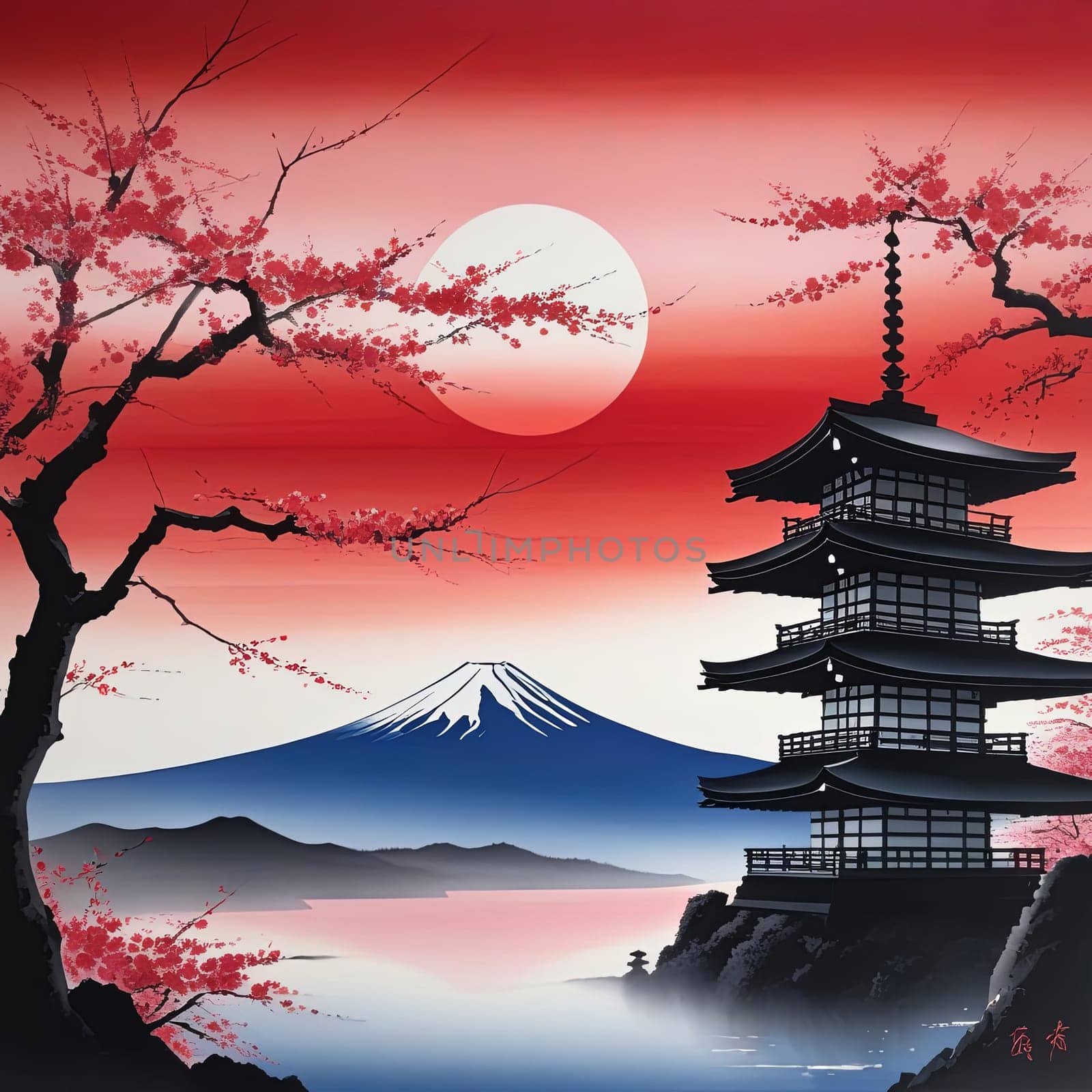 Japanese pagoda set against iconic Mount Fuji, capturing essence of traditional Japanese landscape, architecture. For art, creative projects, fashion, style, advertising campaigns, web design, print. by Angelsmoon