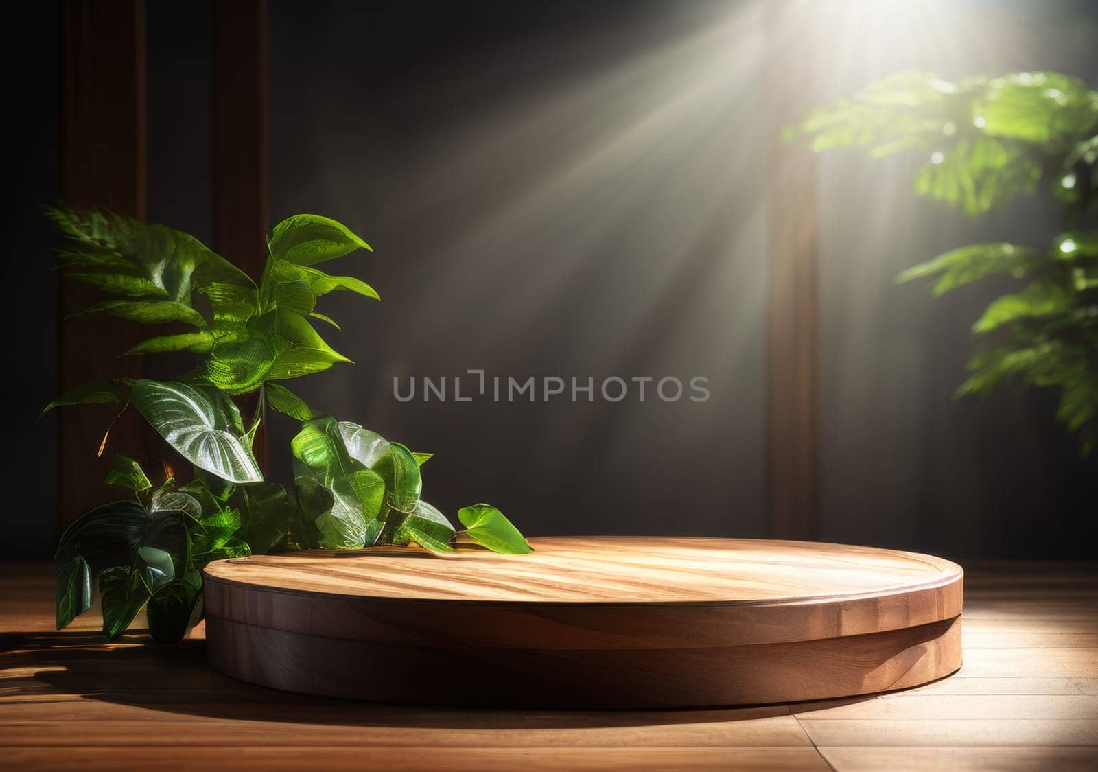 A hardwood podium with a terrestrial plant under dim lighting in a dark room by fascinadora