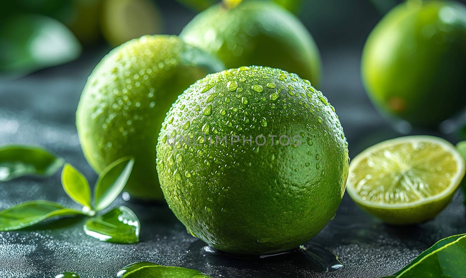 Fresh lime with leaves on the table. Selective soft focus.