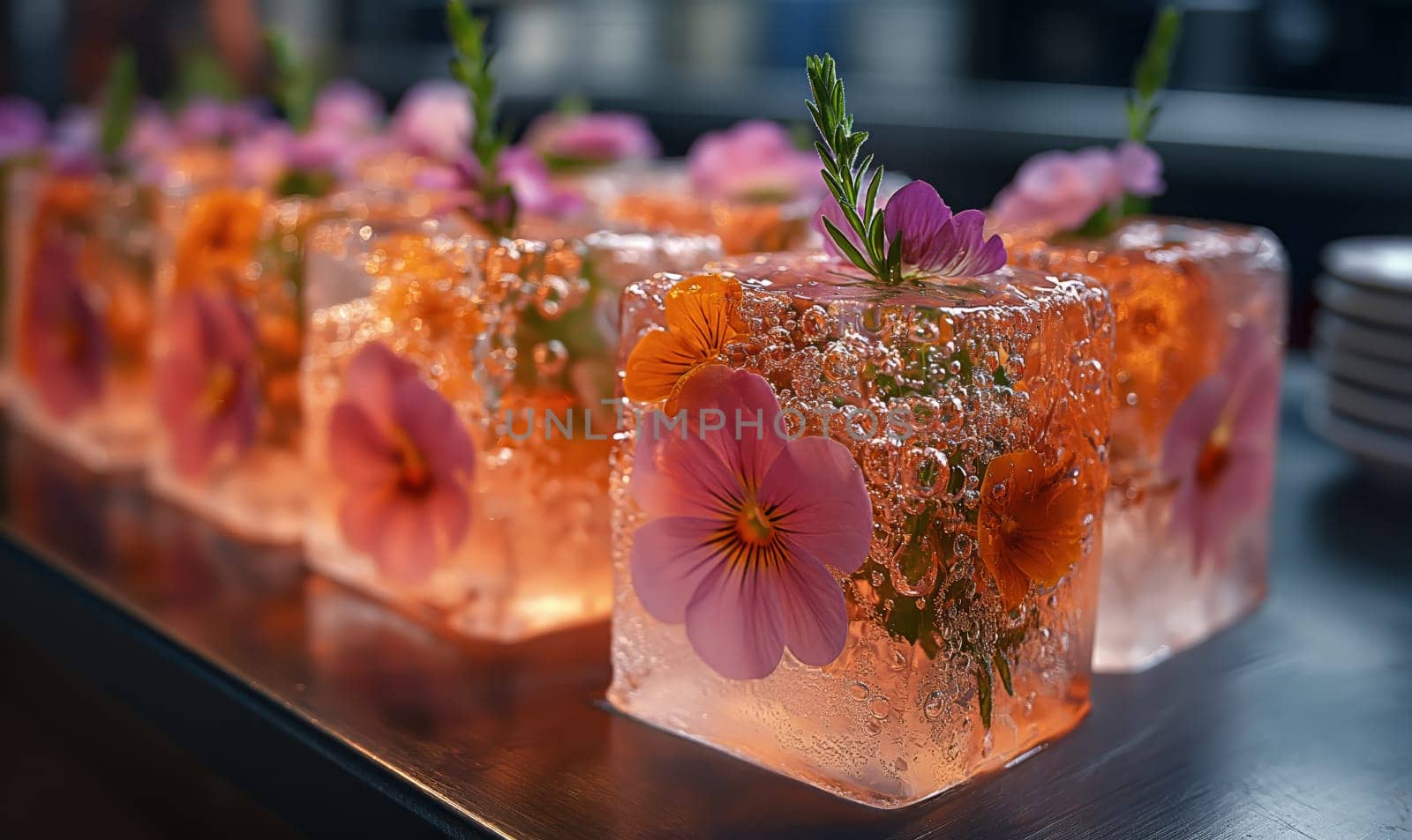 Ice cubes with flowers on an abstract background. Selective soft focus.