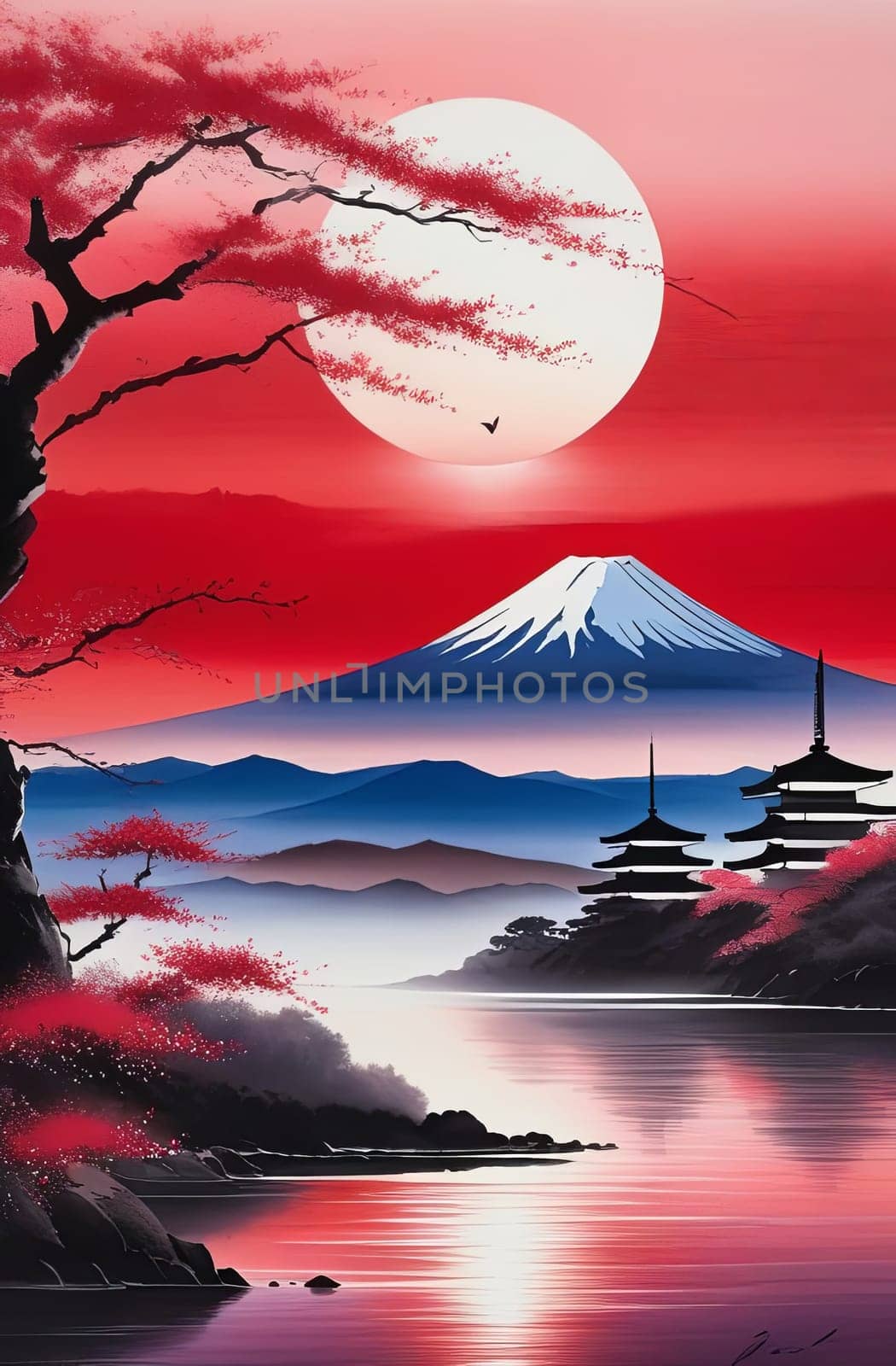 Serene landscape with mountain, pagoda in background. Sky is filled with beautiful pink hue, and moon is shining brightly. Concept of peace, tranquility. For art, creative projects, fashion, magazines