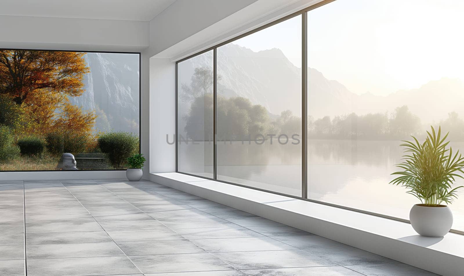 Empty white room with a view from the window. Selective soft focus.