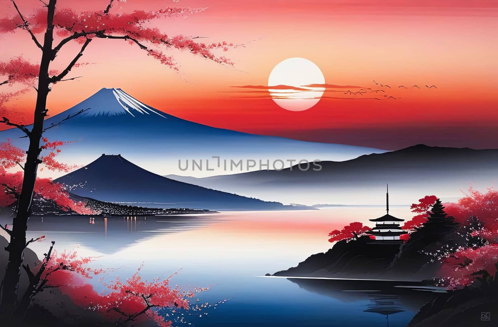 Japanese sunset over tranquil landscape, featuring traditional pagoda silhouetted against radiant sky. Blend of vibrant colors captures essence of peace. For art, creative projects, fashion, magazines