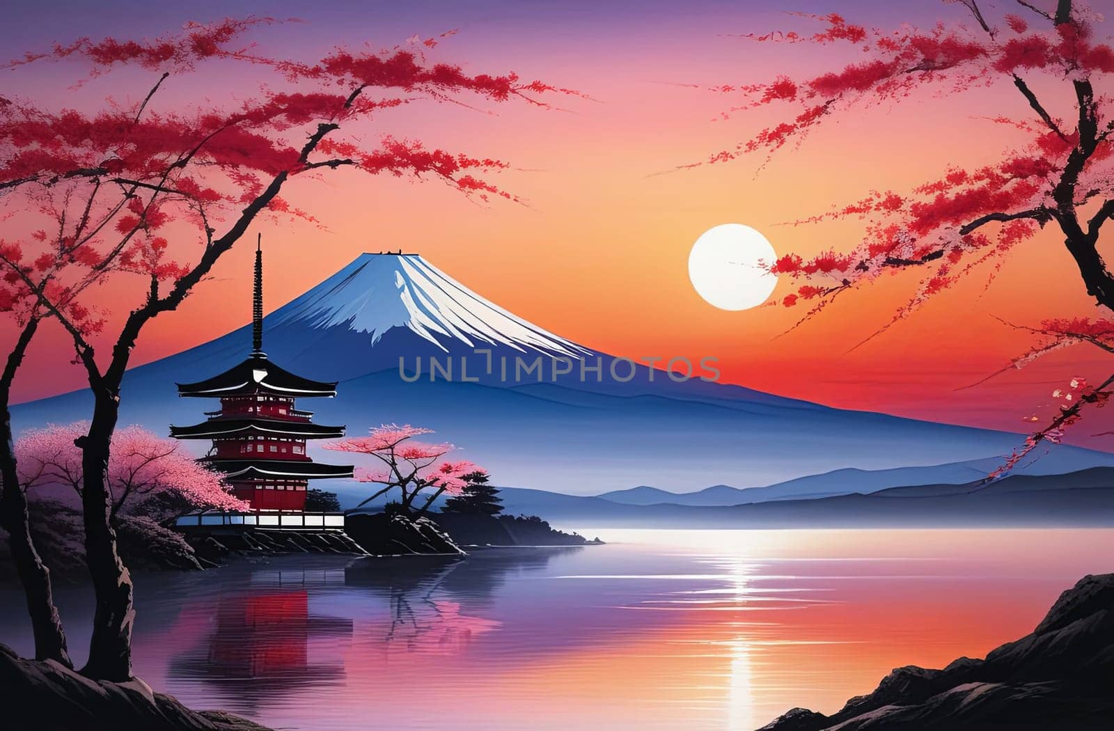 Japanese pagoda set against iconic Mount Fuji, capturing essence of traditional Japanese landscape, architecture. For art, creative projects, fashion, style, advertising campaigns, web design, print