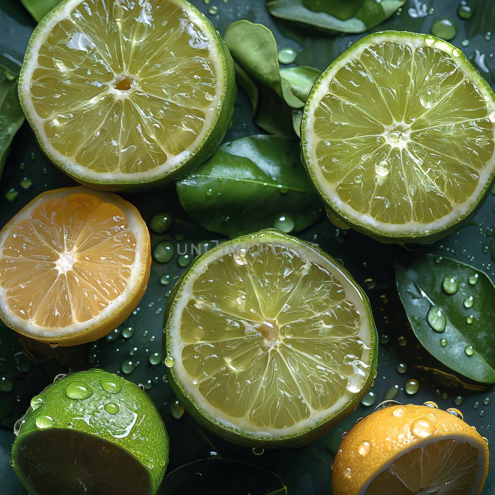 Fruit background with fresh lime fruits with leaves. by Fischeron