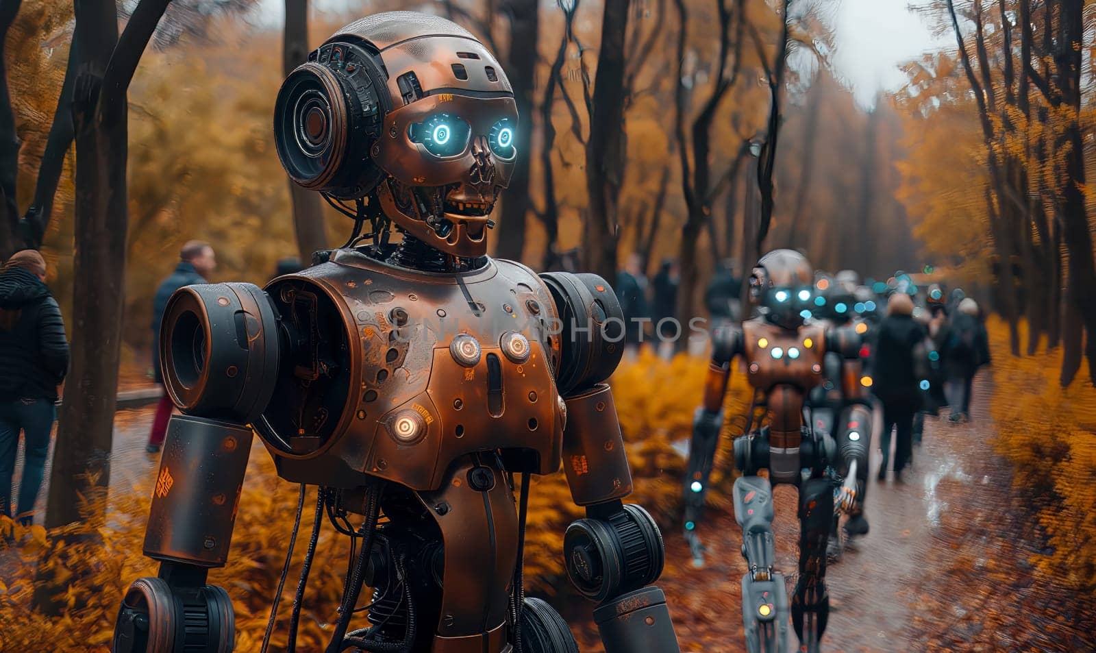 Robots on the street among people. Selective soft focus.