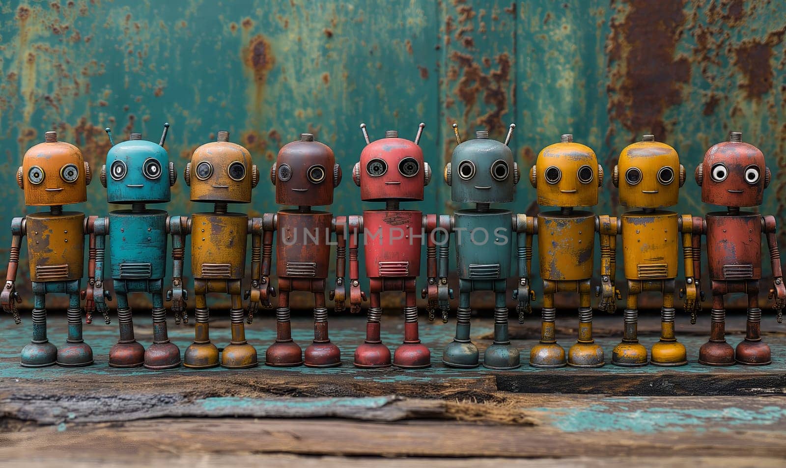 Retro robots on an abstract background. Selective soft focus.