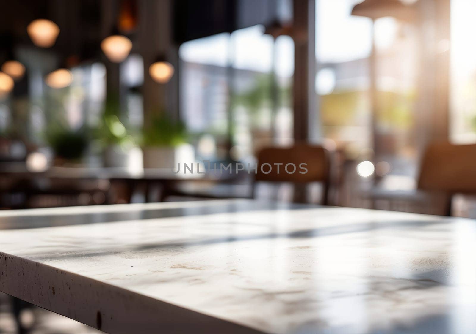 Blurry background with empty hardwood table and chairs by fascinadora