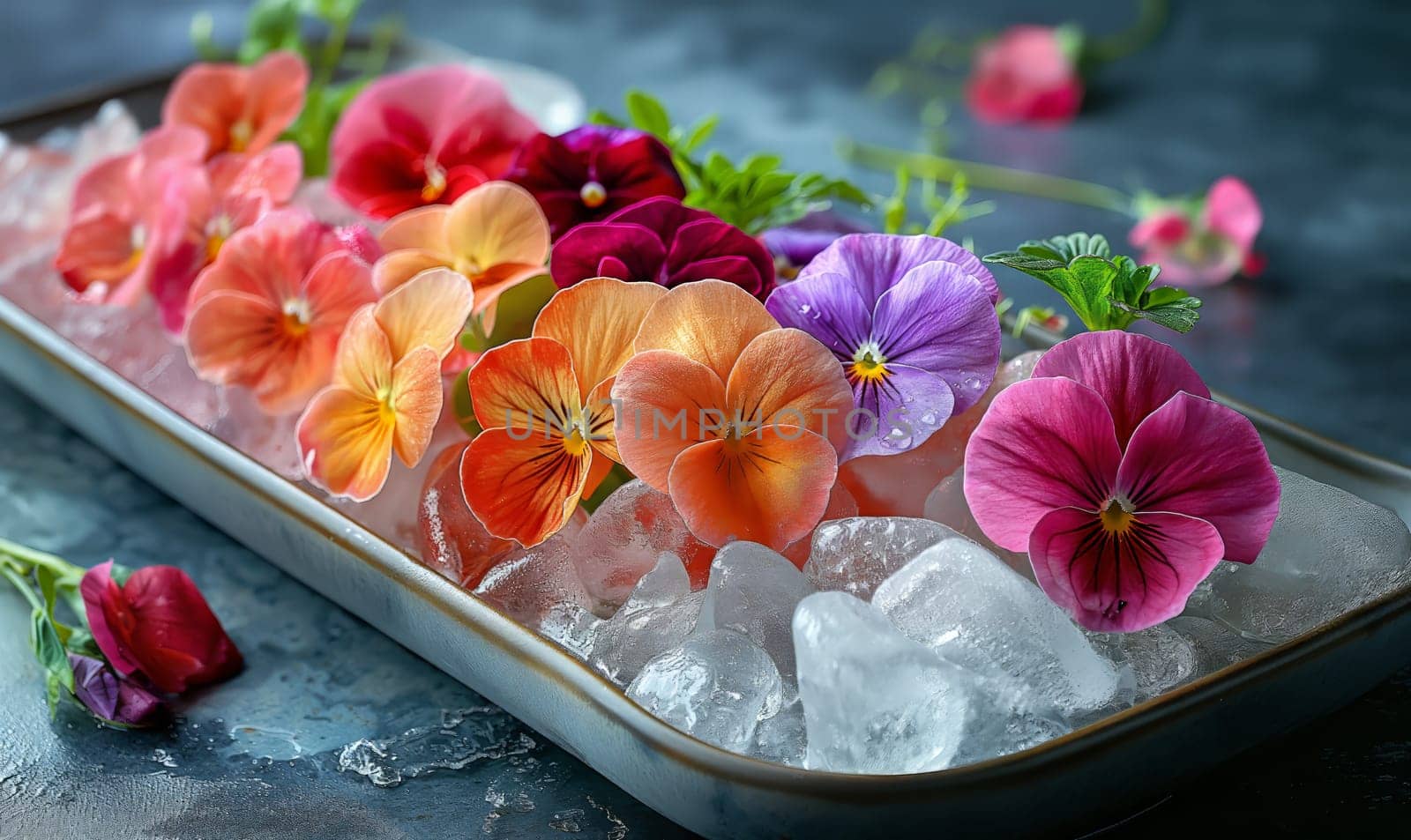 Ice cubes with flowers on an abstract background. Selective soft focus.