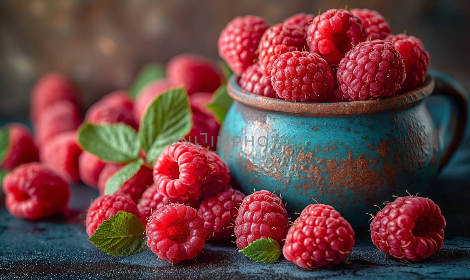 Ripe raspberries on the table and in a ceramic bowl. Selective soft focus.