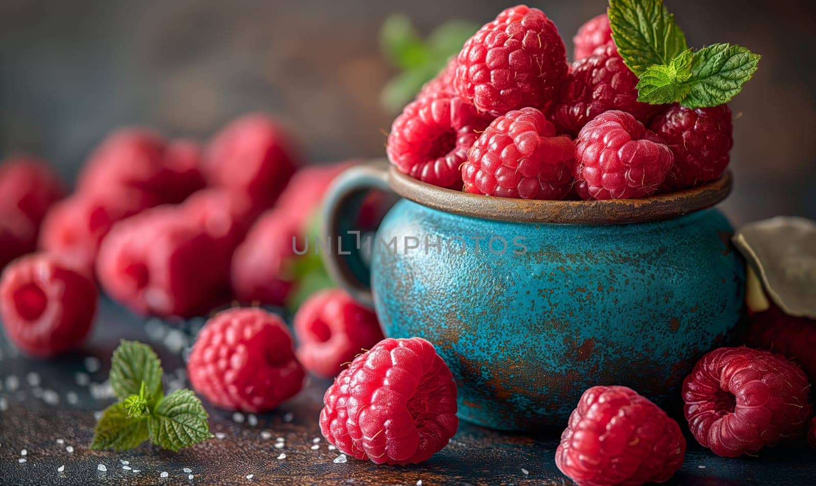 Ripe raspberries on the table and in a ceramic bowl. Selective soft focus.