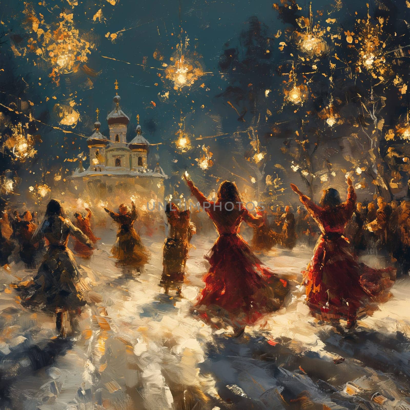 Folk Slavic dances and festivities in winter. Selective soft focus.