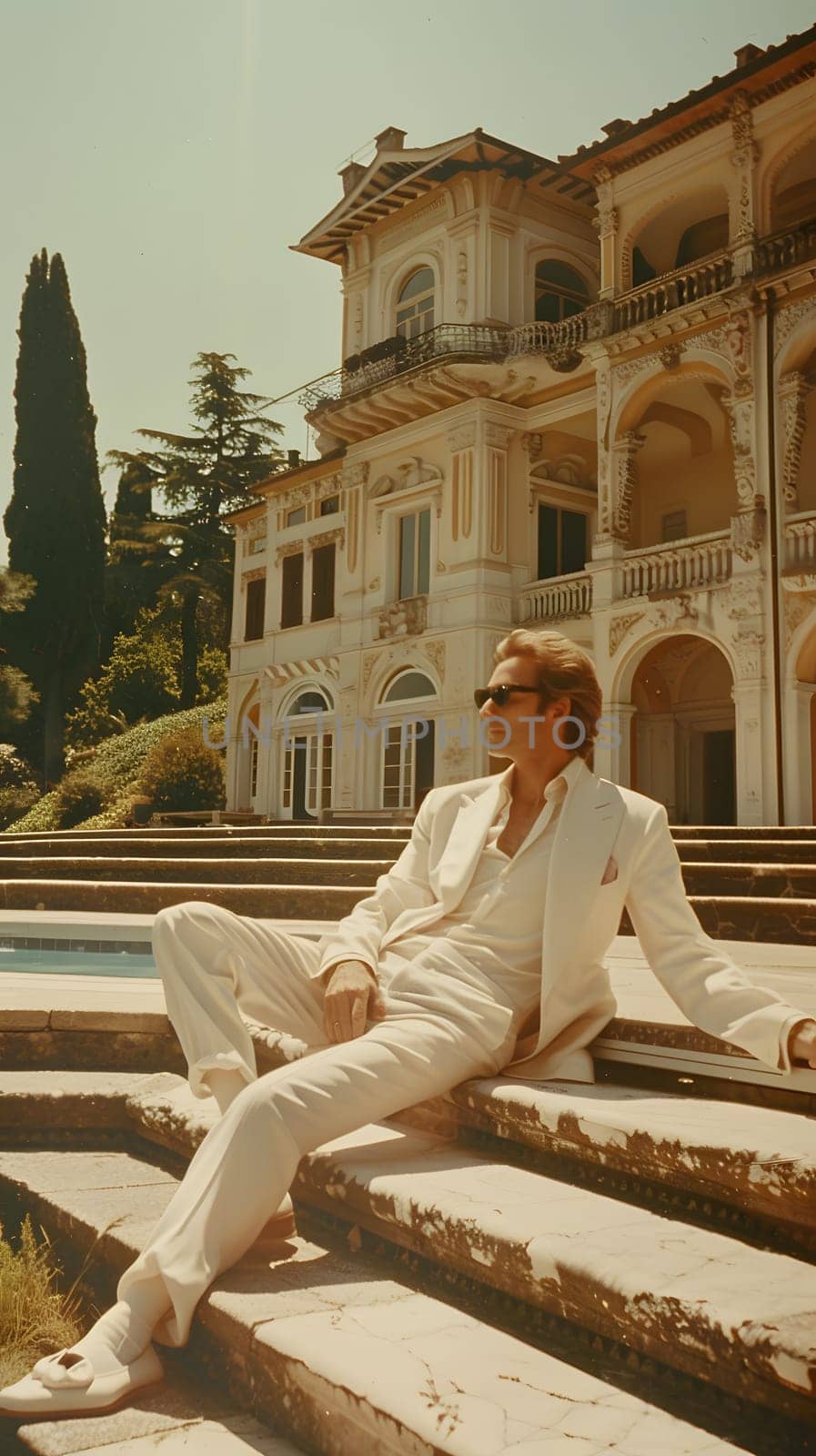 A man in formal wear and a white hat is leisurely sitting on the steps of a building, surrounded by trees and under the clear blue sky