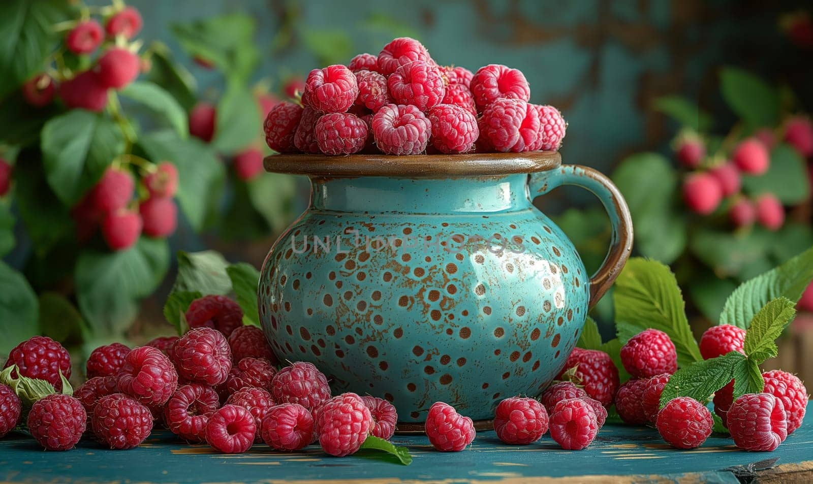 Ripe raspberries on the table and in a ceramic bowl. Selective soft focus.