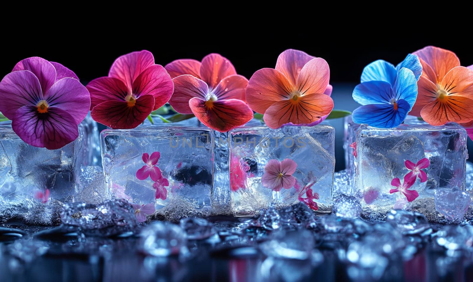 Ice cubes with flowers on an abstract background. Selective soft focus.