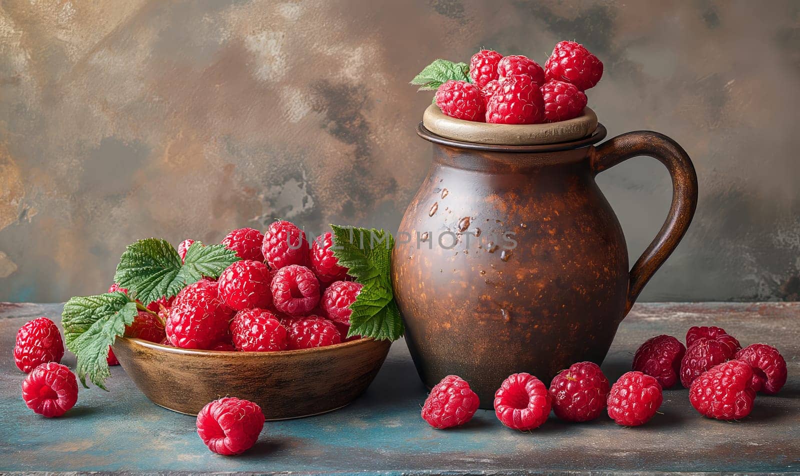 Ripe raspberries on the table and in a ceramic bowl. Selective soft focus.