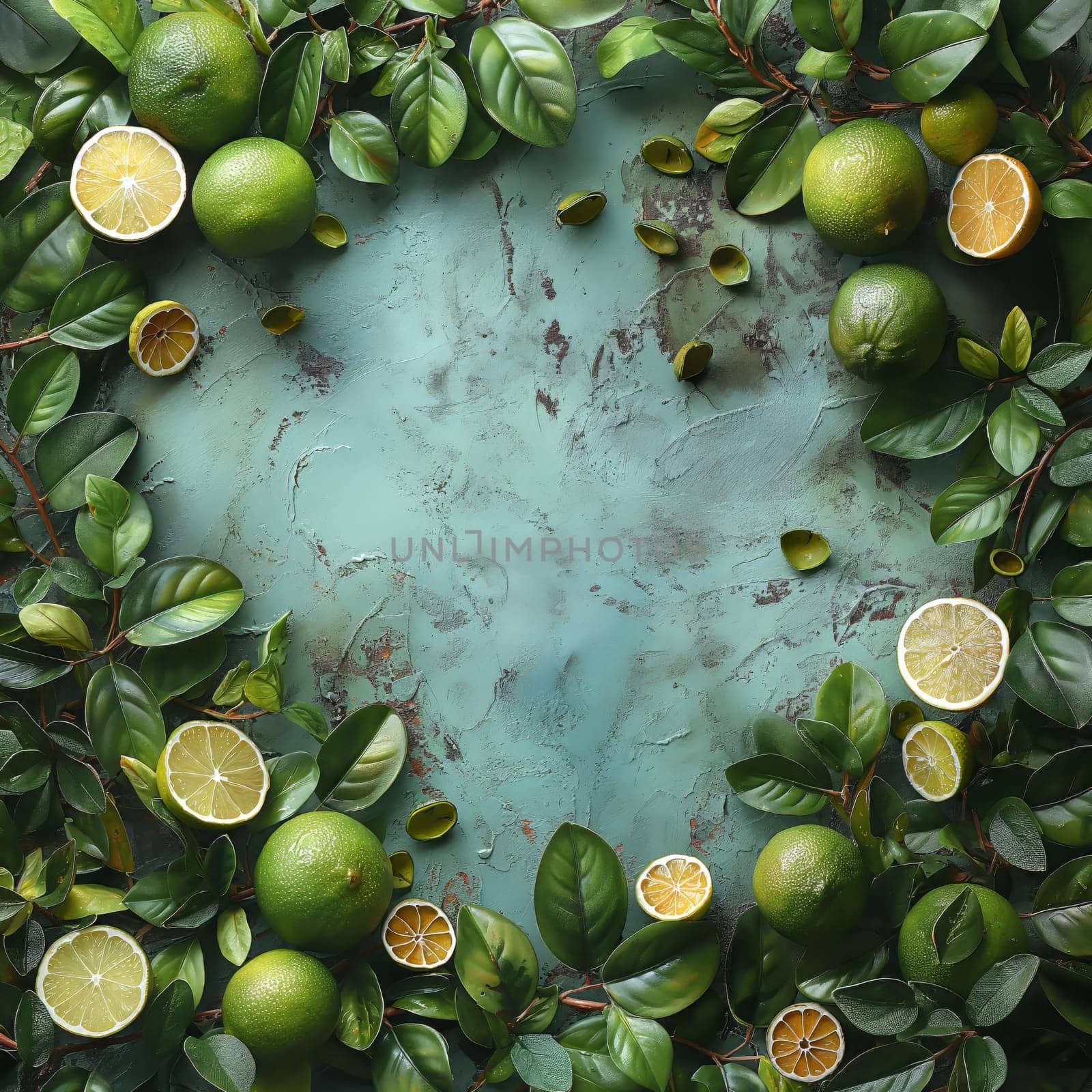 Fruit background with fresh lime fruits with leaves. Selective soft focus.