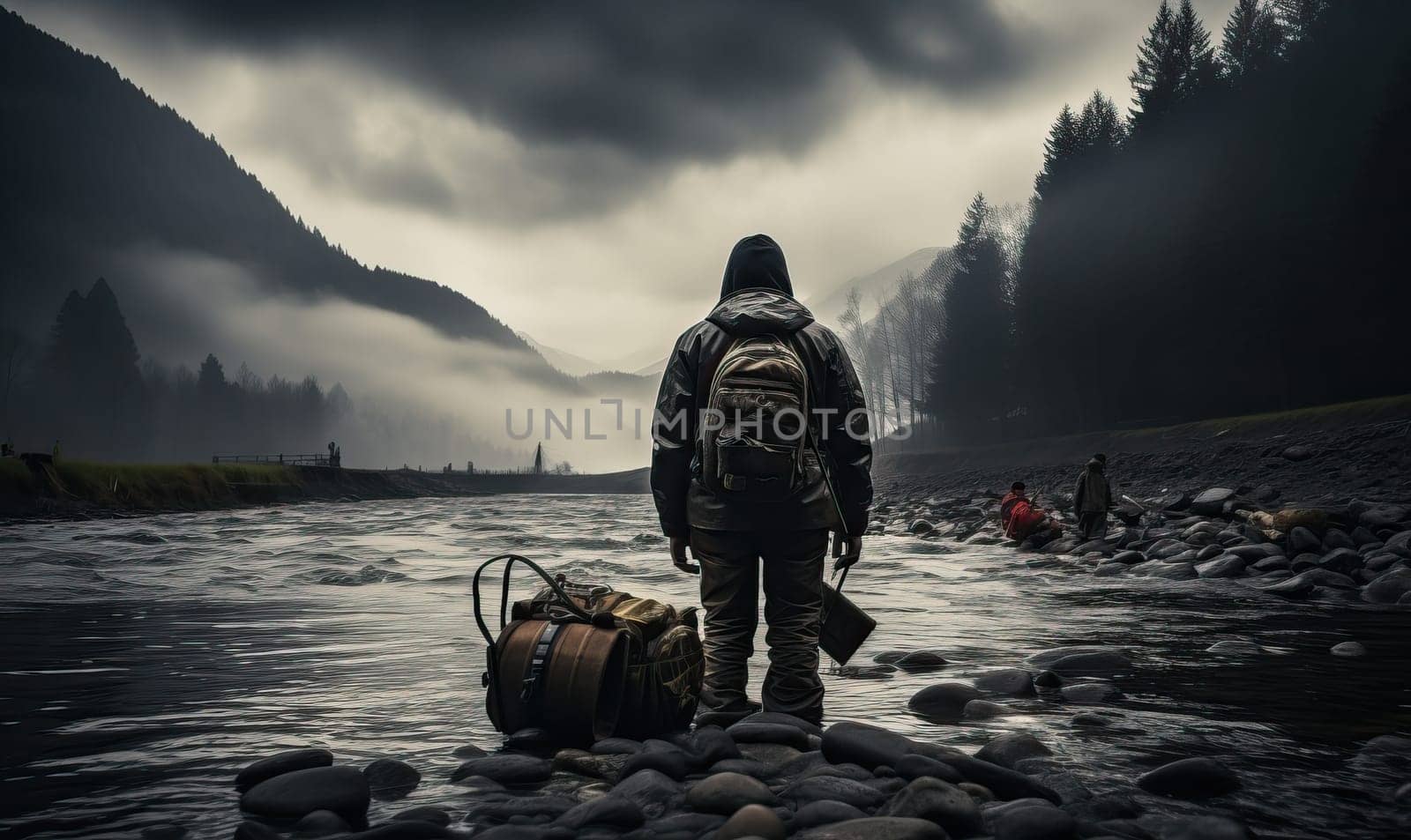 Rear view of a man on the river bank. Selective soft focus.