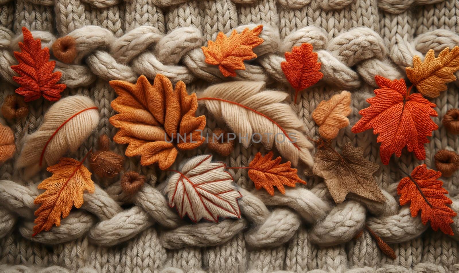Abstract knitted background, autumn knitted leaves close-up. by Fischeron
