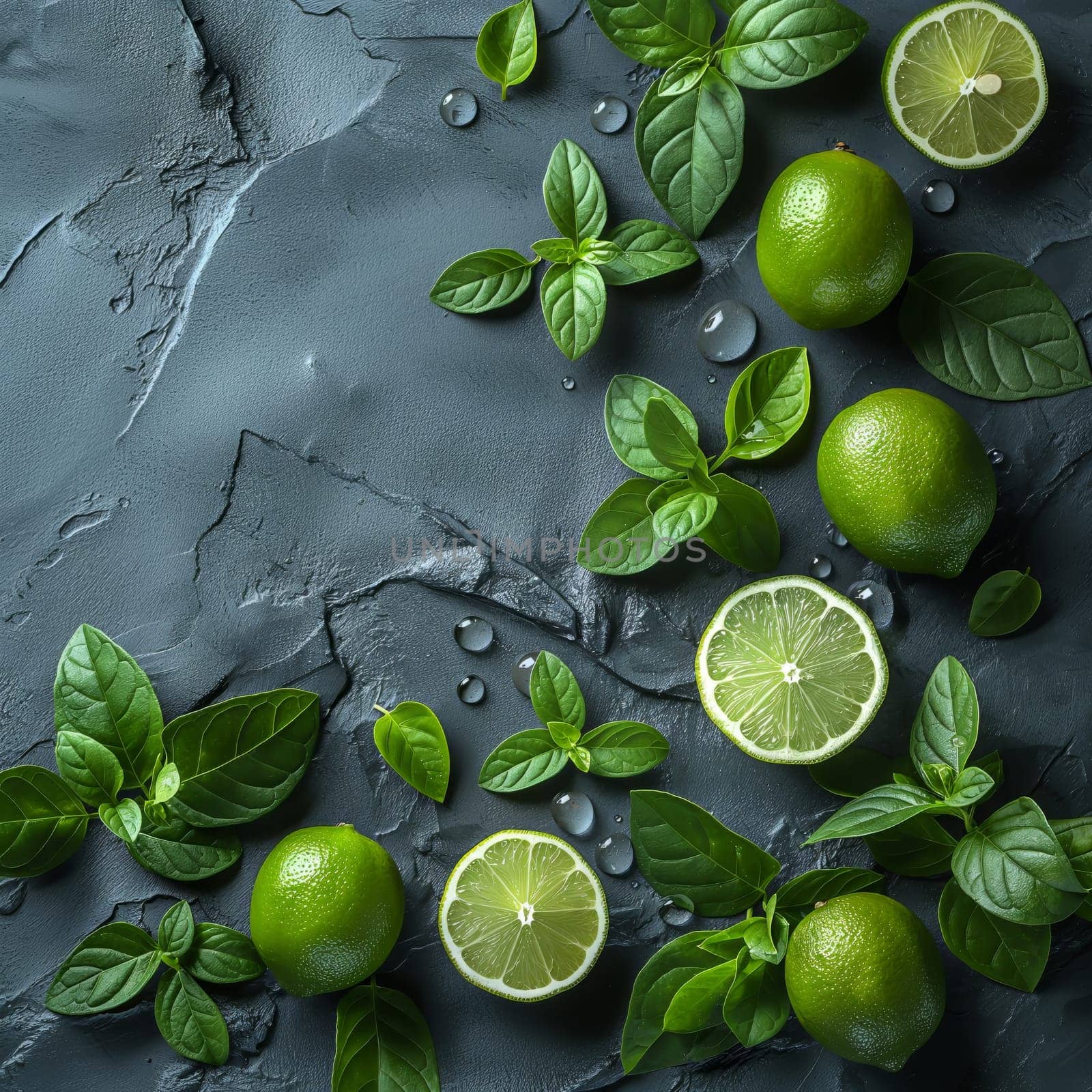 Fruit background with fresh lime fruits with leaves. by Fischeron