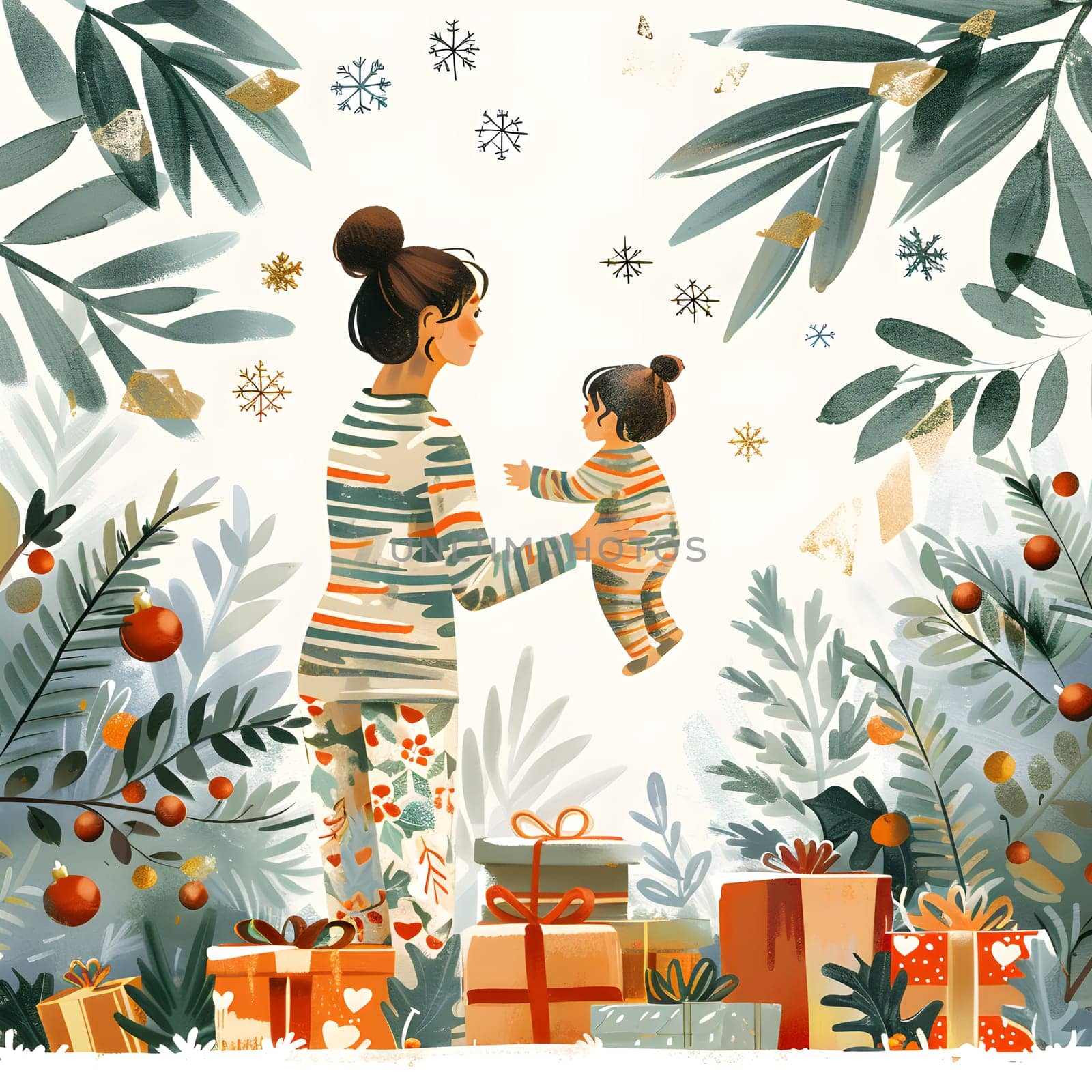 A woman cradles a baby in her arms while surrounded by festive Christmas decorations. The scene includes leafy plants, textiles with intricate patterns, and happy people in nature